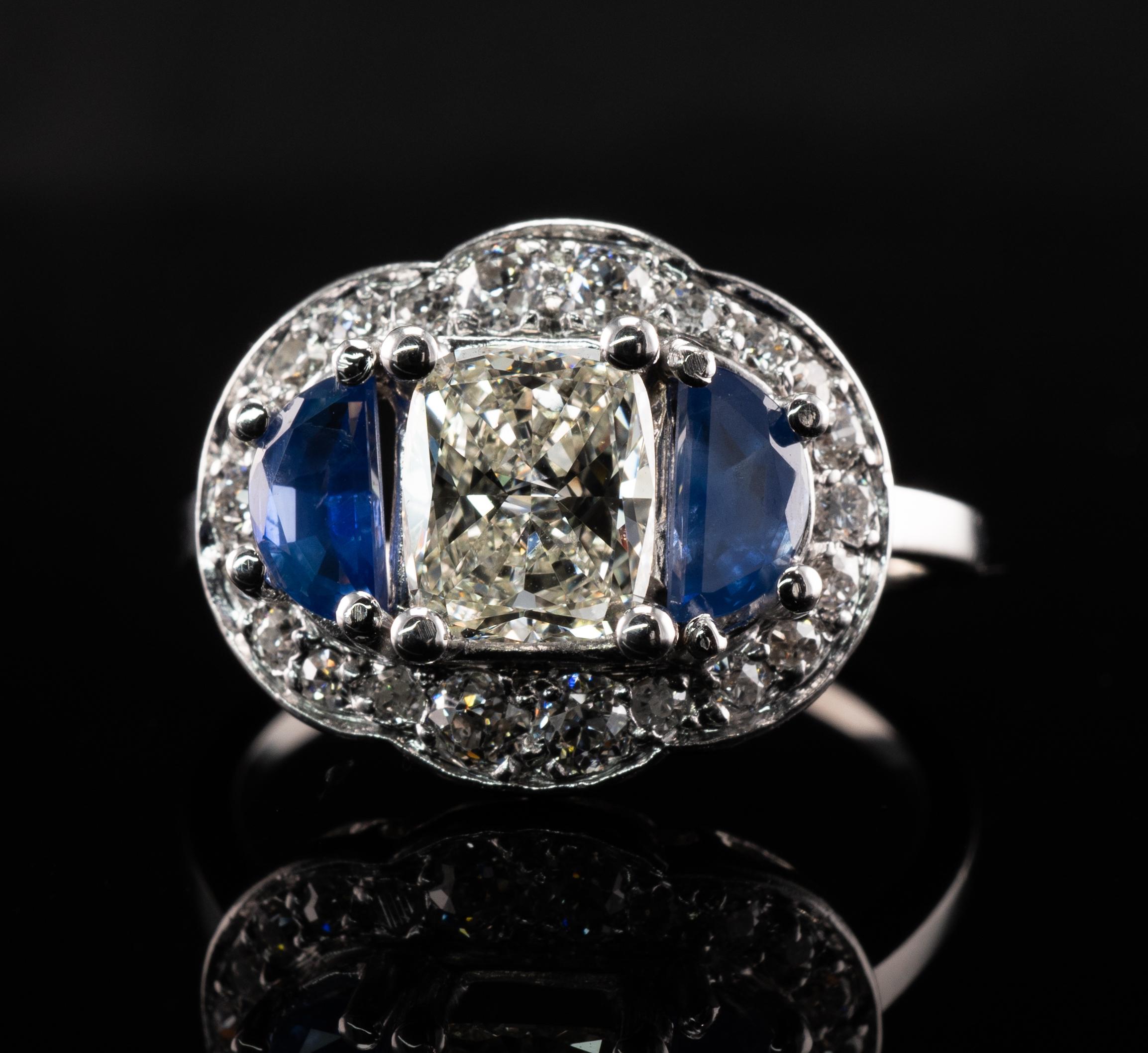 Natural Diamond Half Moon Ceylon Sapphire Ring 14K White Gold Engagement Vintage For Sale 1