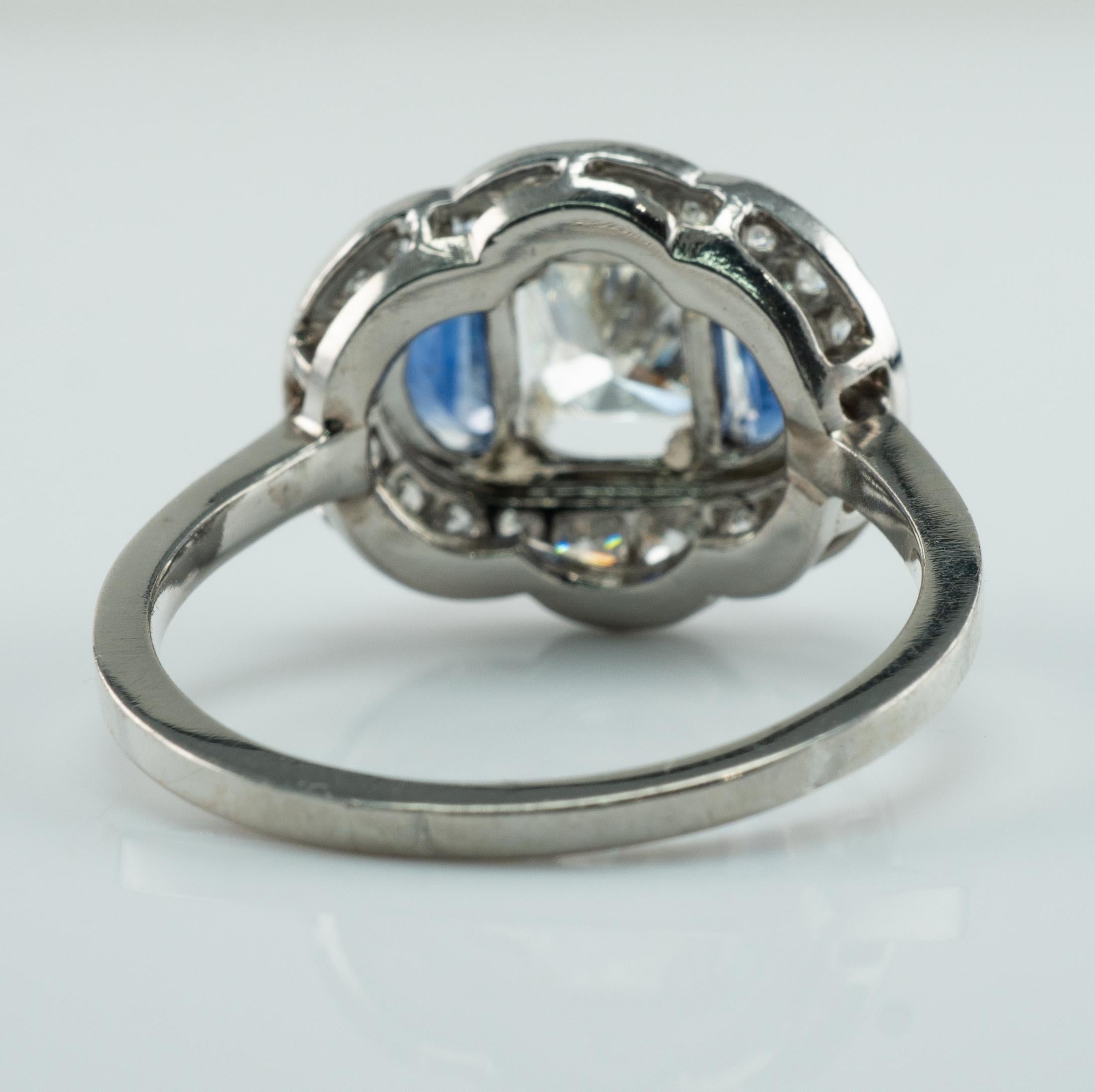 Natural Diamond Half Moon Ceylon Sapphire Ring 14K White Gold Engagement Vintage For Sale 2