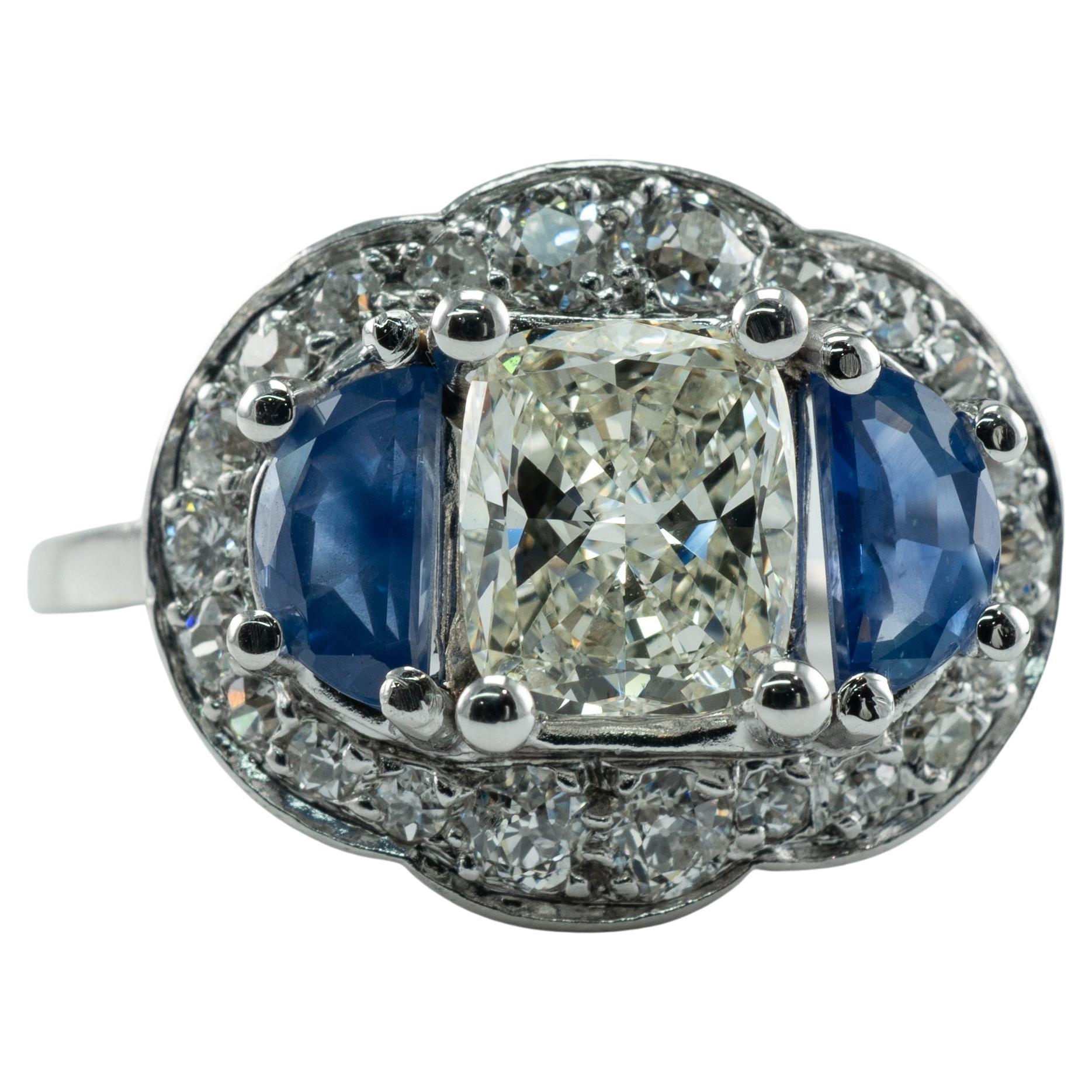 Natural Diamond Half Moon Ceylon Sapphire Ring 14K White Gold Engagement Vintage For Sale