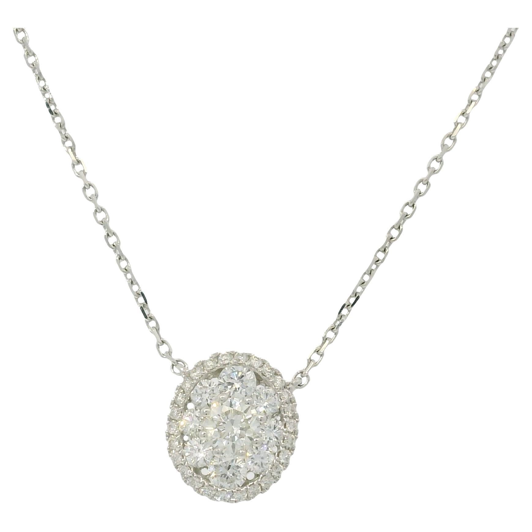 Natural Diamond Halo 18-Karat Oval Shape Pendant Necklace In Stock