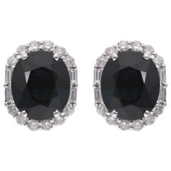 Oval Blue Sapphire Diamond Halo Earrings 5.30 Ct 18k White Gold Studs for Women