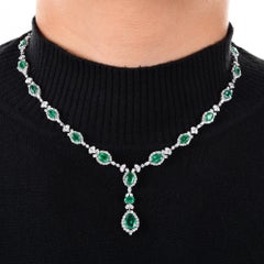 Natural Diamond Halo and Emerald Drop Necklace 18 Karat White Gold Fine Jewelry