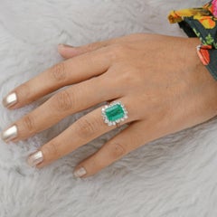 Natural Diamond Halo Zambian Emerald Cocktail Ring 14 Karat White Gold Jewelry
