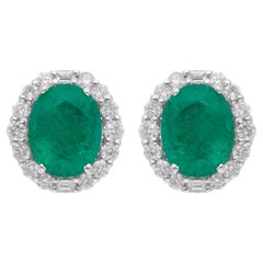 Natural Diamond Halo Zambian Emerald Oval Stud Earrings 18 Karat White Gold