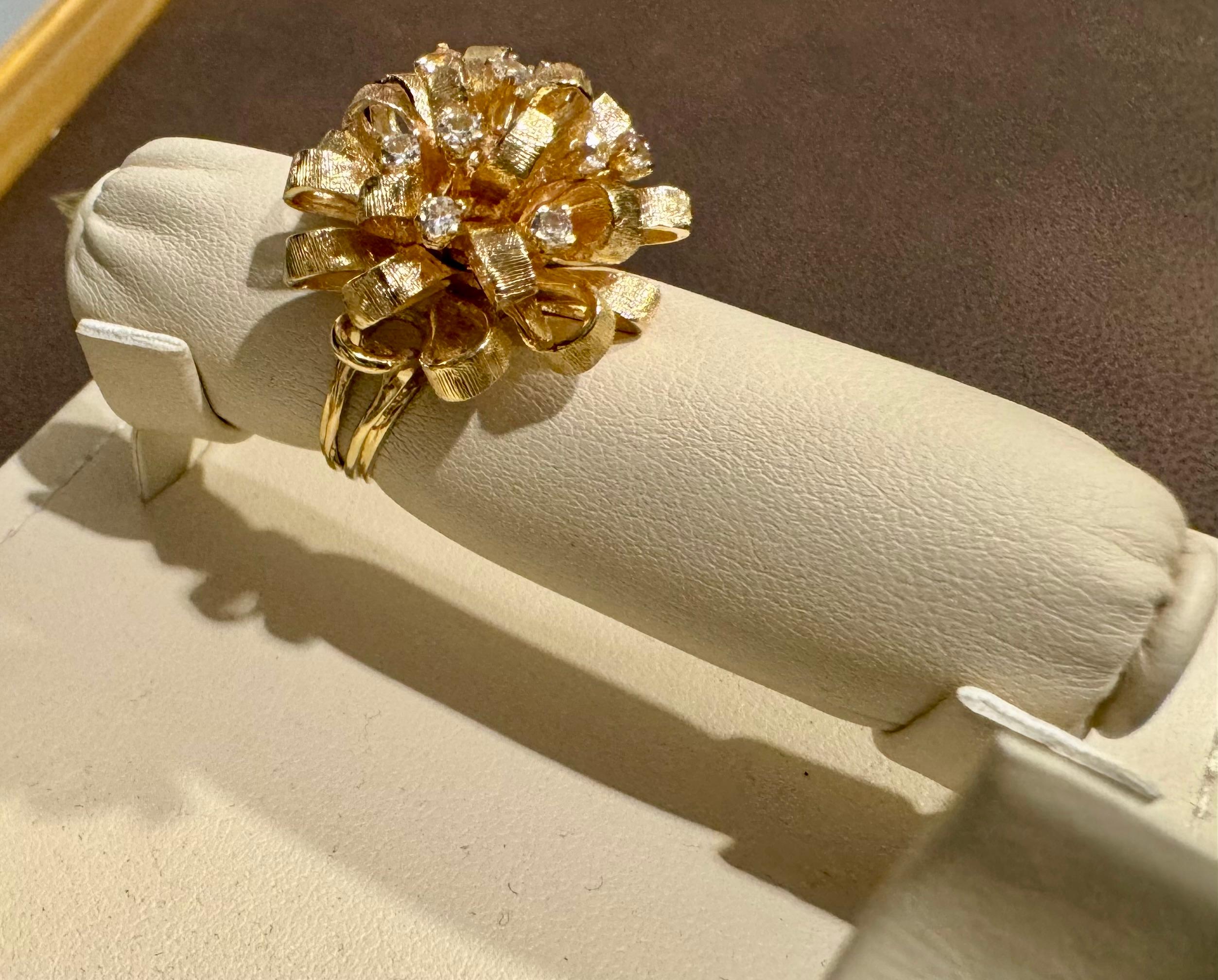 Natural Diamond & Hammered Gold Ball 14 Karat Yellow Gold Flower Cocktail Ring For Sale 5
