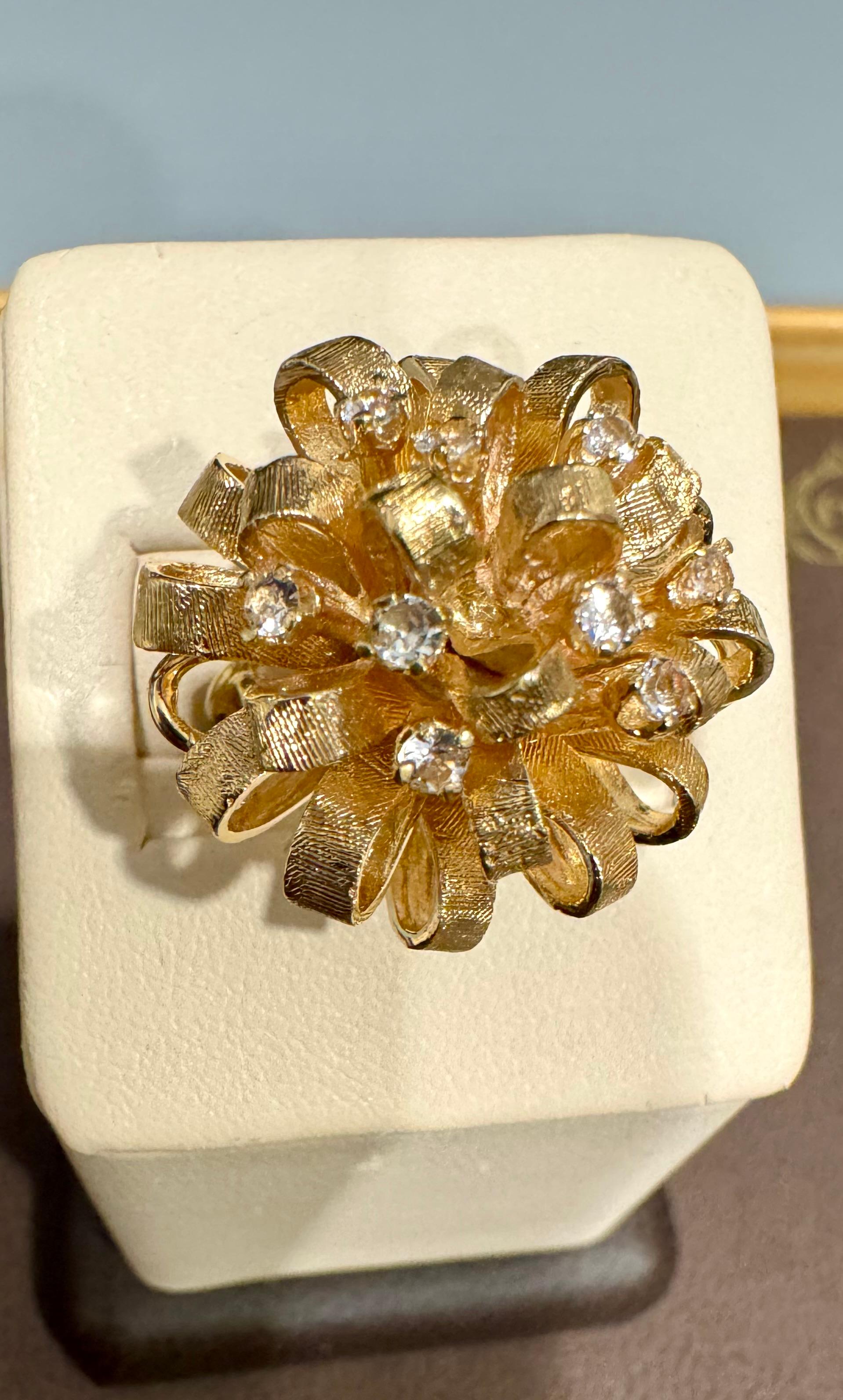 Natural Diamond & Hammered Gold Ball 14 Karat Yellow Gold Flower Cocktail Ring For Sale 2
