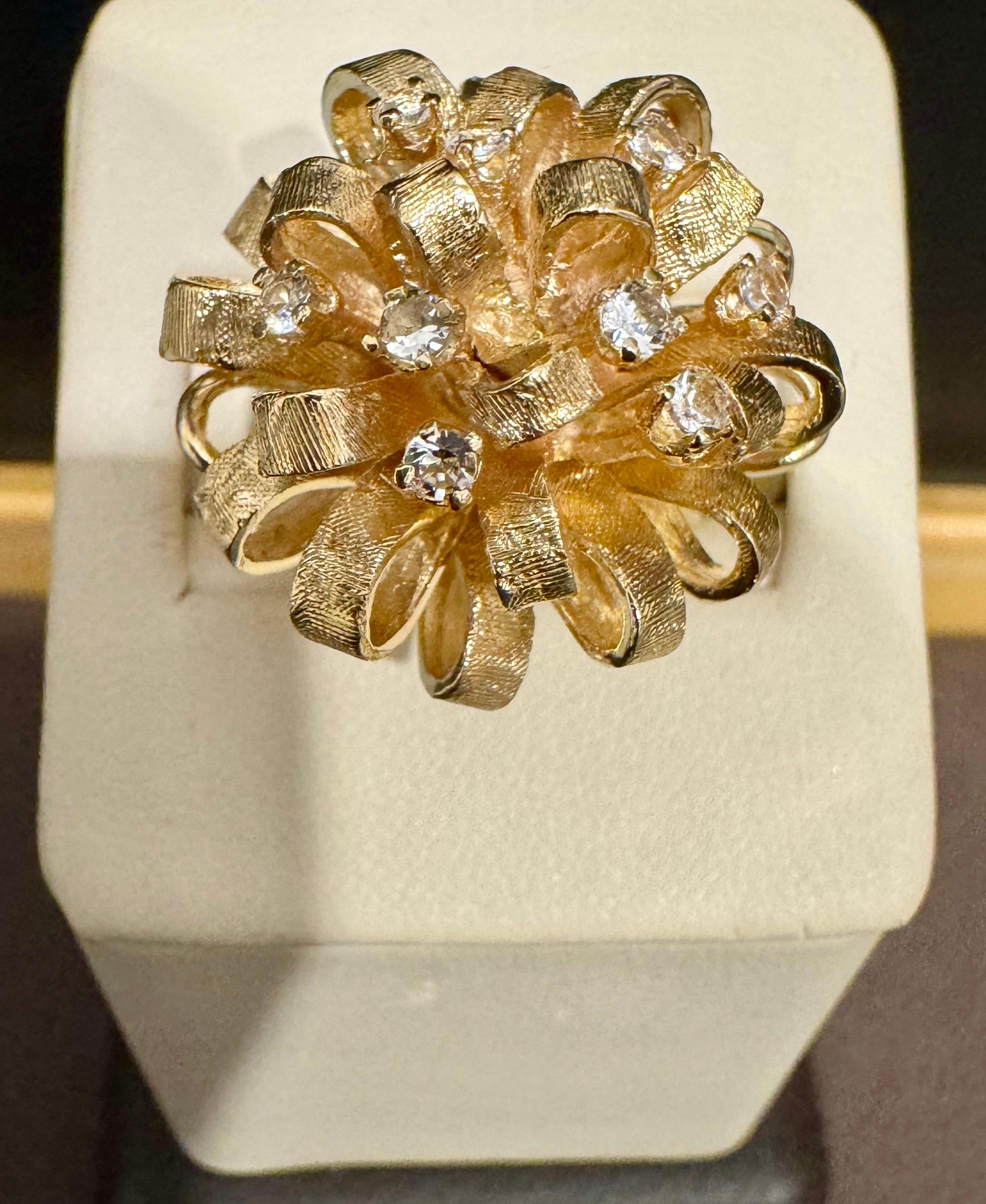 Natural Diamond & Hammered Gold Ball 14 Karat Yellow Gold Flower Cocktail Ring For Sale 3