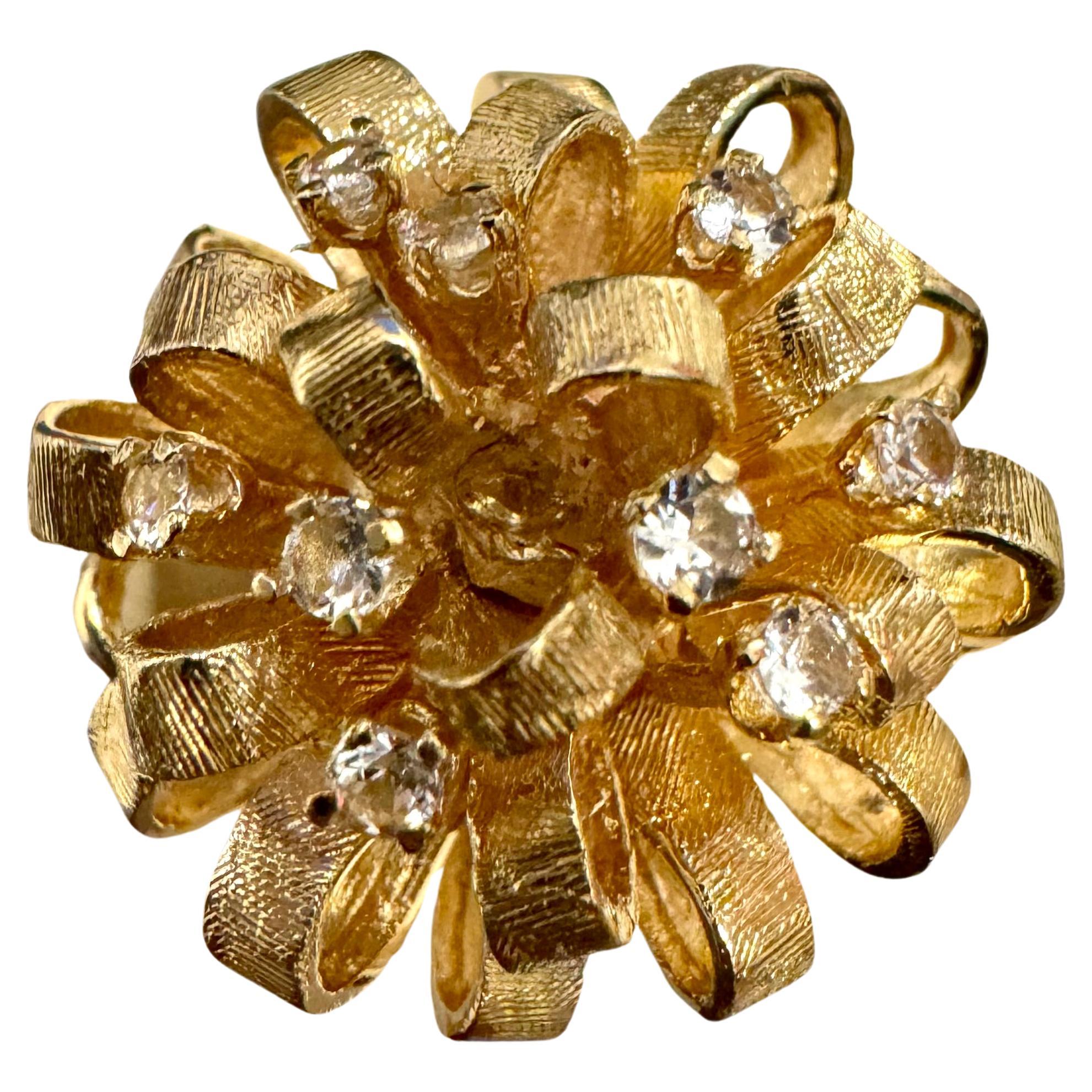Natural Diamond & Hammered Gold Ball 14 Karat Yellow Gold Flower Cocktail Ring For Sale
