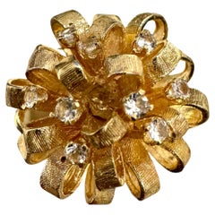 Bague cocktail fleur en or jaune 14 carats, diamant naturel et boule d'or martelée