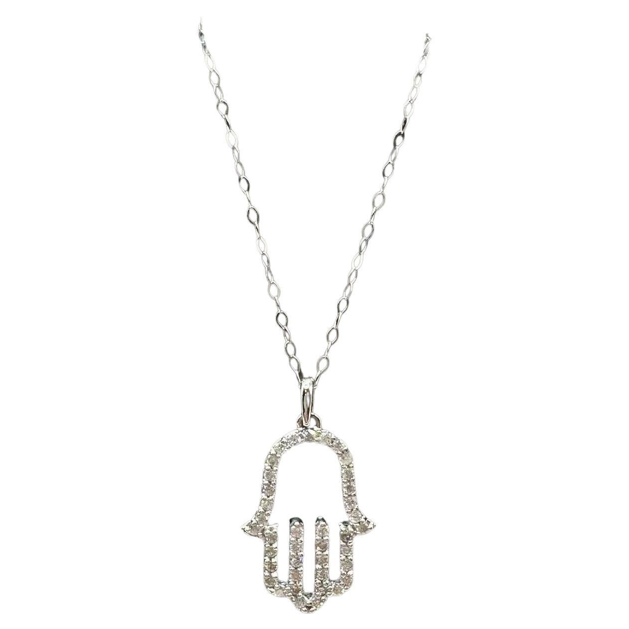 Natural Diamond Hamsa Necklace in 14kt White Gold – 0.33ctw, 18in, New For Sale