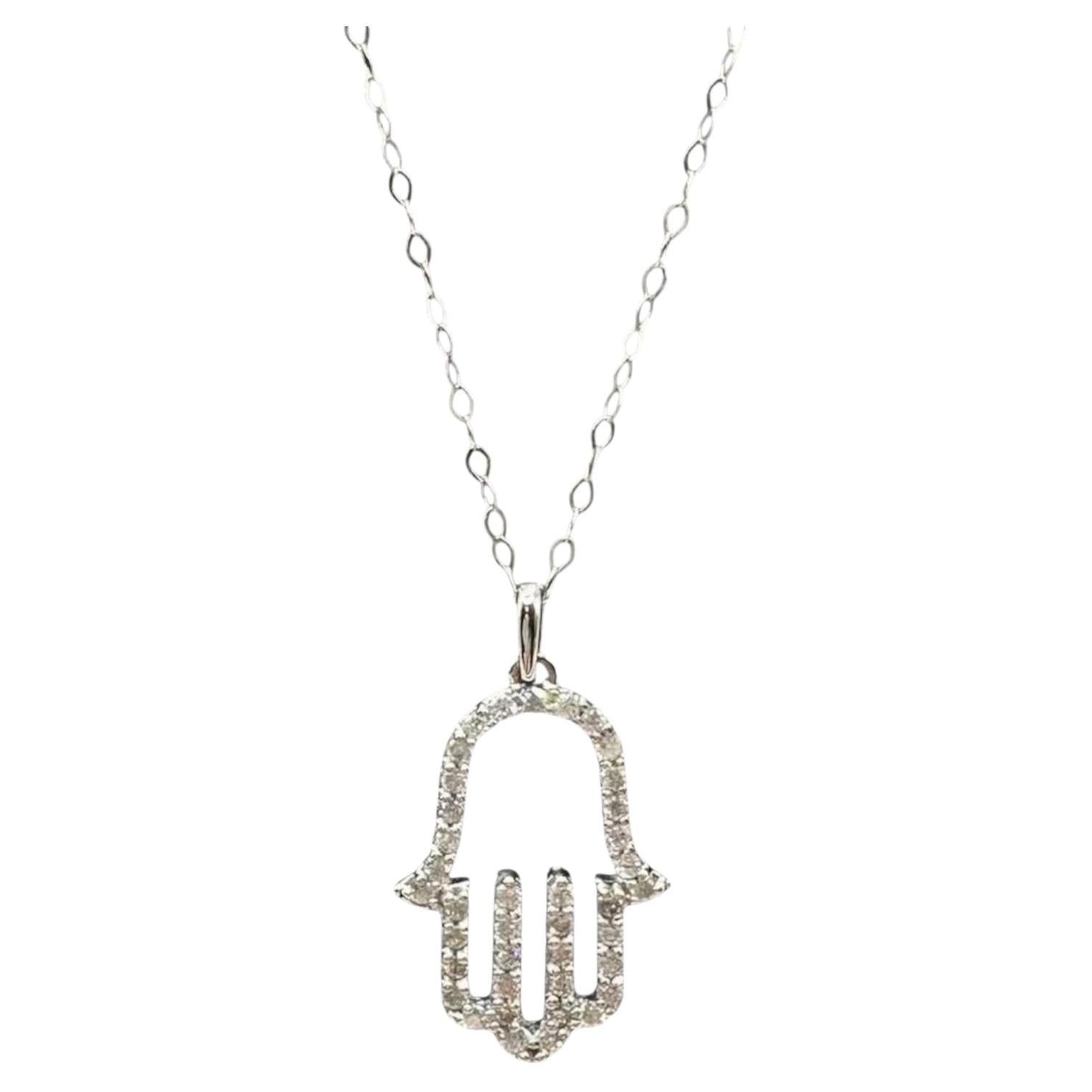 Collar Hamsa de Diamantes Naturales en Oro Blanco de 14kt - 0.33ctw, 18in, Nuevo