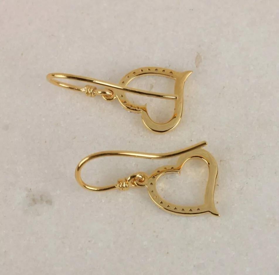 Round Cut Natural Diamond Heart Shaped Hook Earring in 14K Yellow Gold For Sale