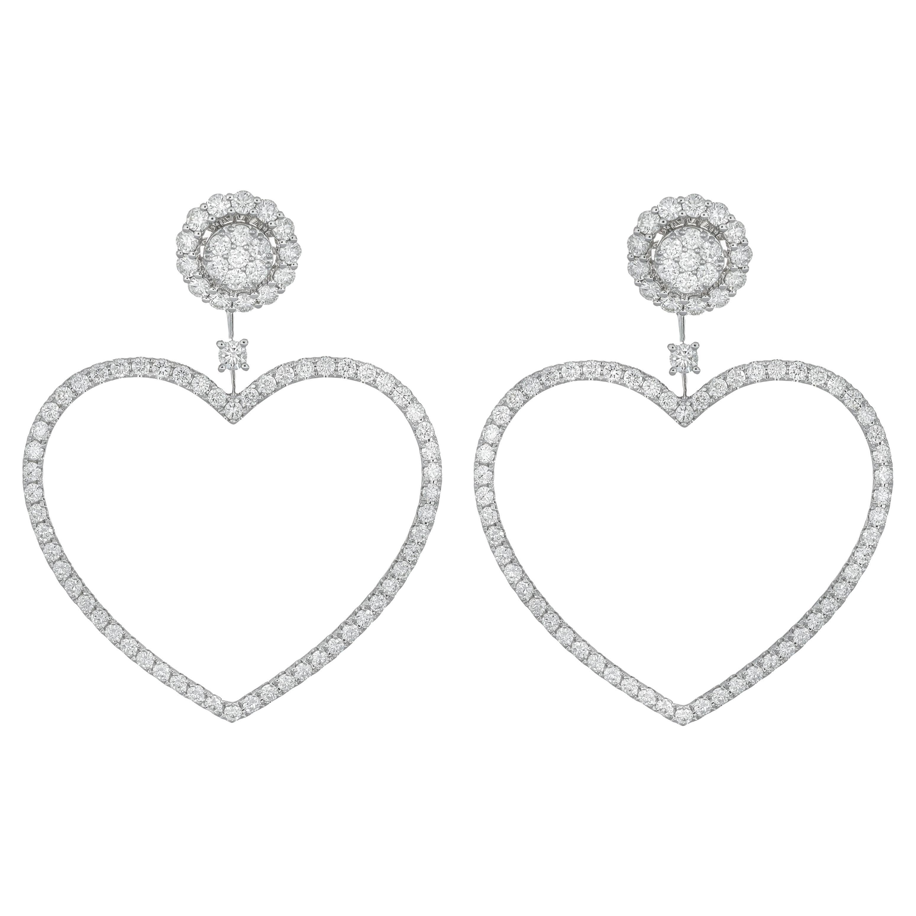 Natural Diamond Hoop 3.16 carats 18 Karat White Gold Heart Shape Hoop Earrings  For Sale