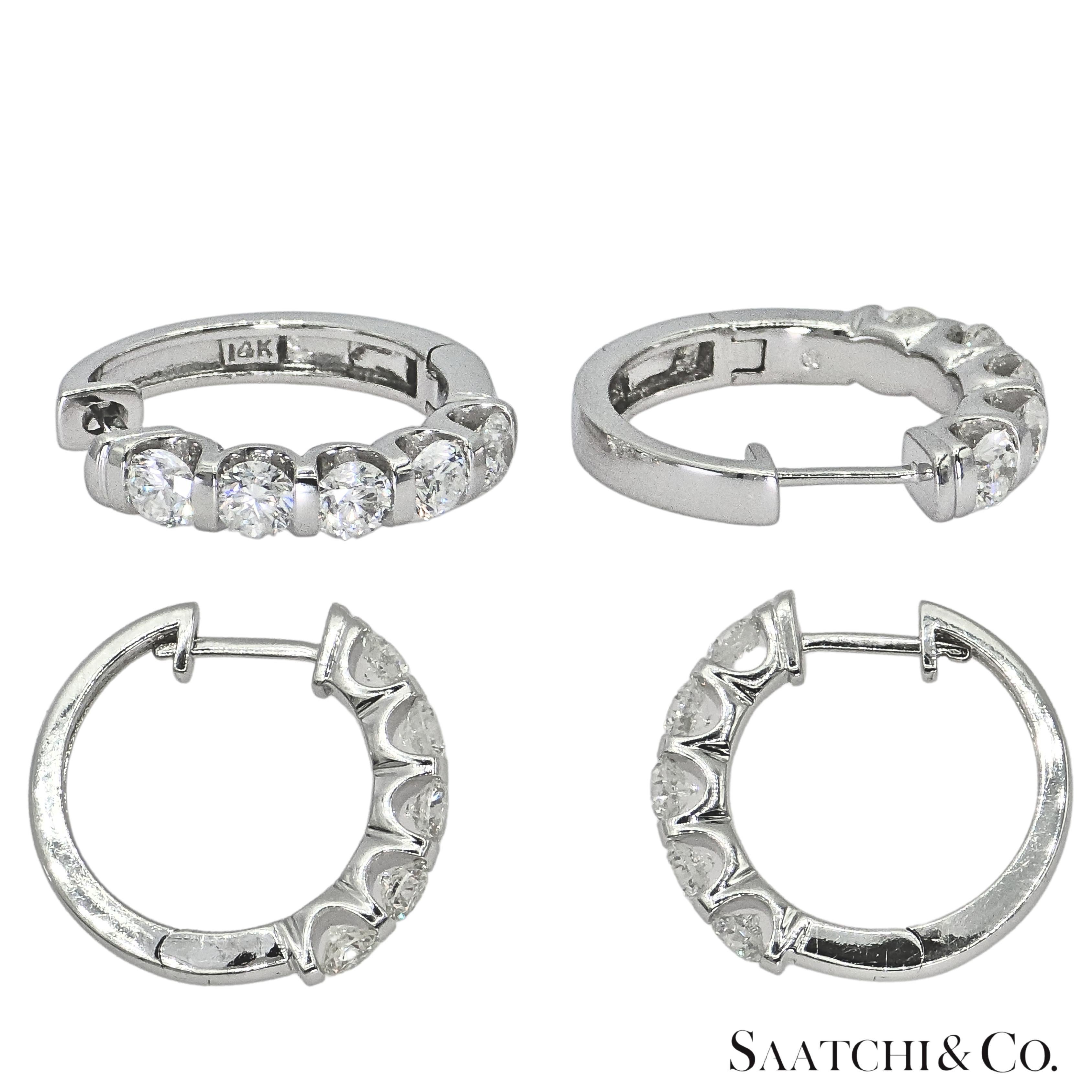 Round Cut Natural Diamond Hoop Earrings 14K 585 White Gold For Sale