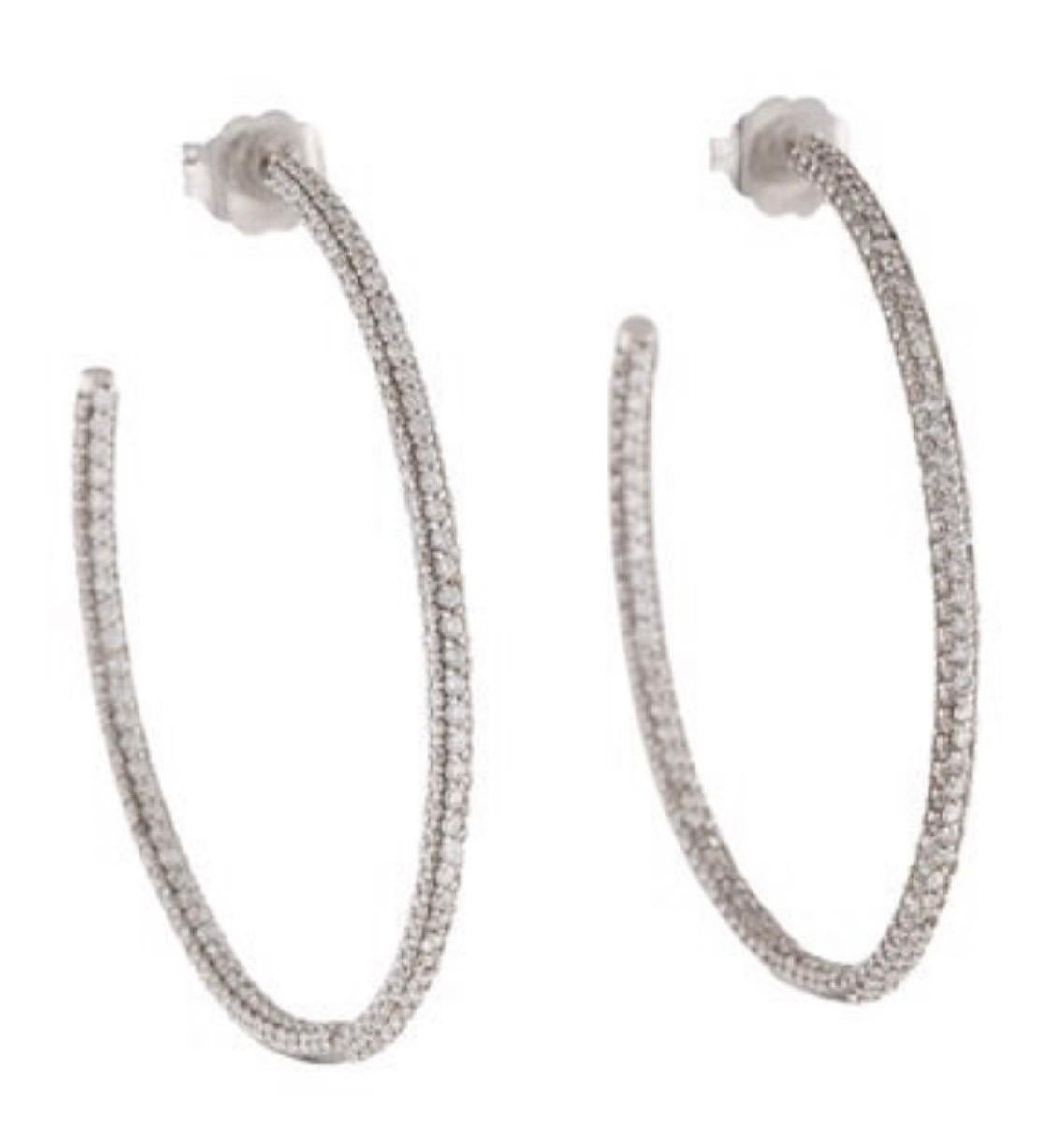 Natural Diamond Hoop Earrings 2.14ctw Inside Out Hoop Earrings Three Row 14K WG For Sale 5