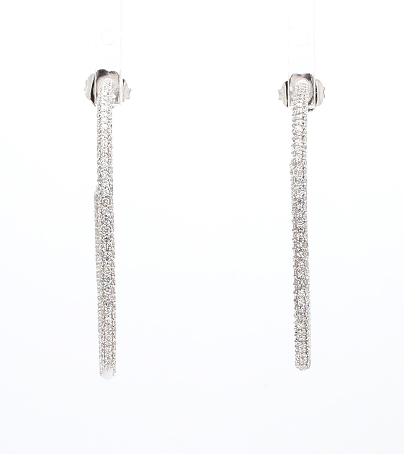 Round Cut Natural Diamond Hoop Earrings 2.14ctw Inside Out Hoop Earrings Three Row 14K WG For Sale