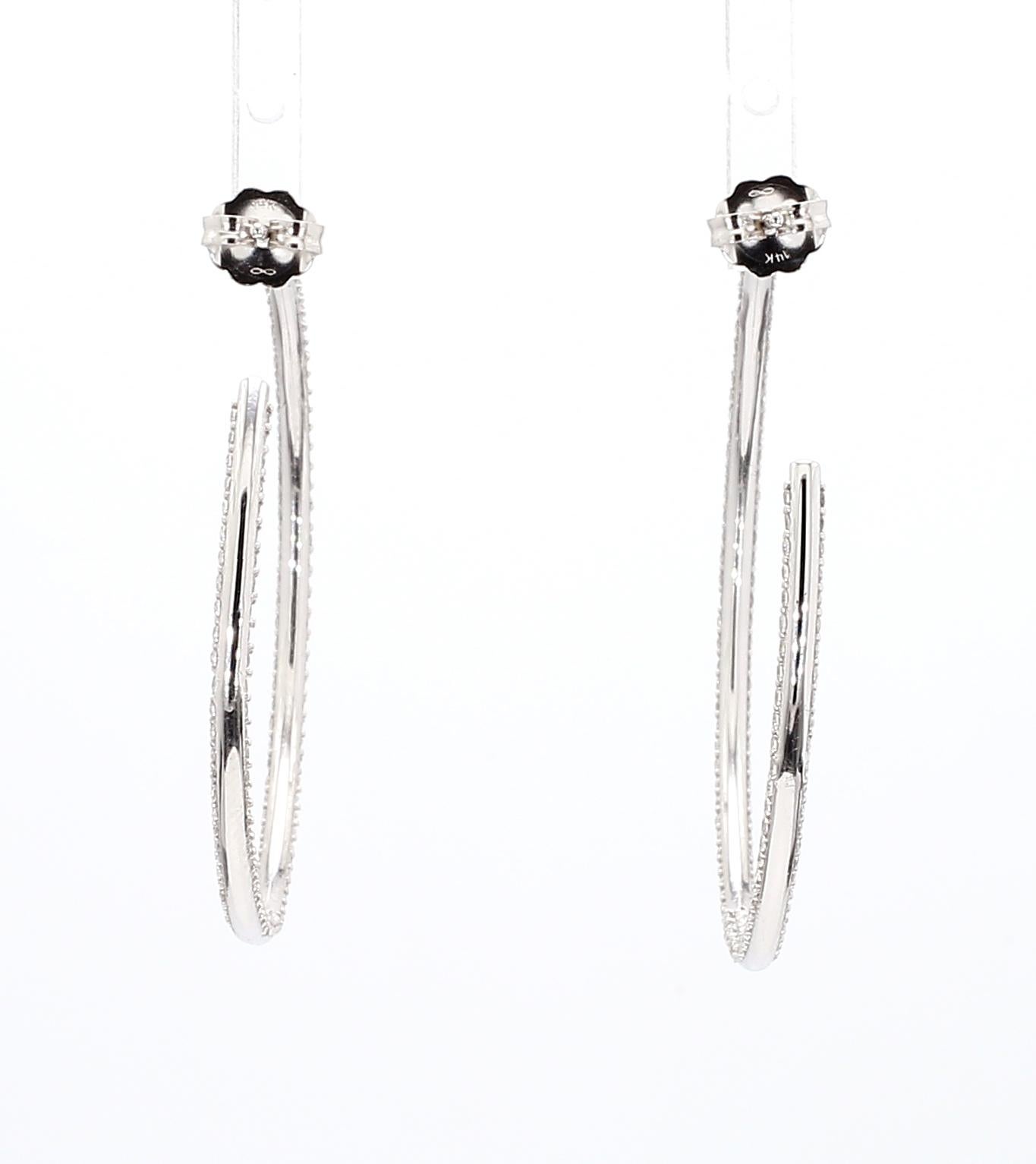 Natural Diamond Hoop Earrings 2.14ctw Inside Out Hoop Earrings Three Row 14K WG For Sale 1