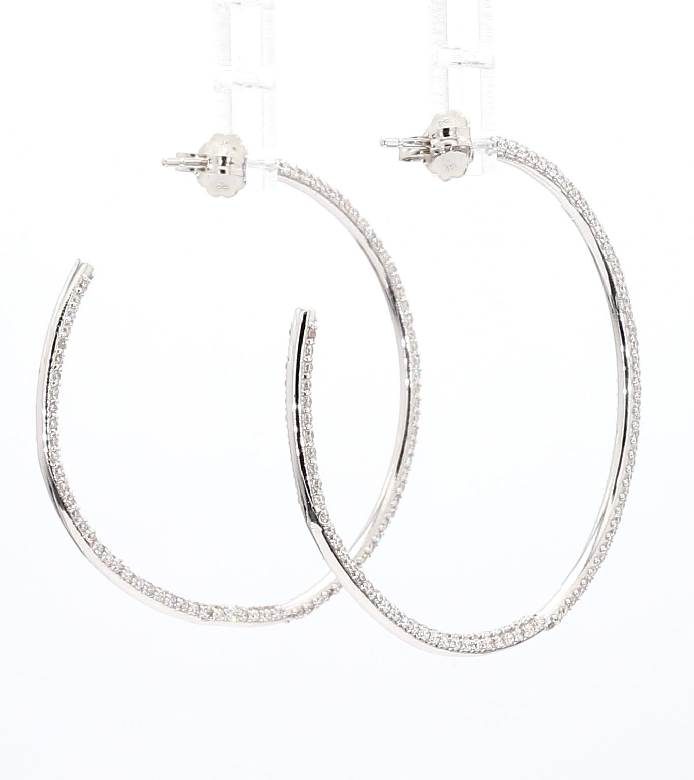 Natural Diamond Hoop Earrings 2.14ctw Inside Out Hoop Earrings Three Row 14K WG For Sale 2