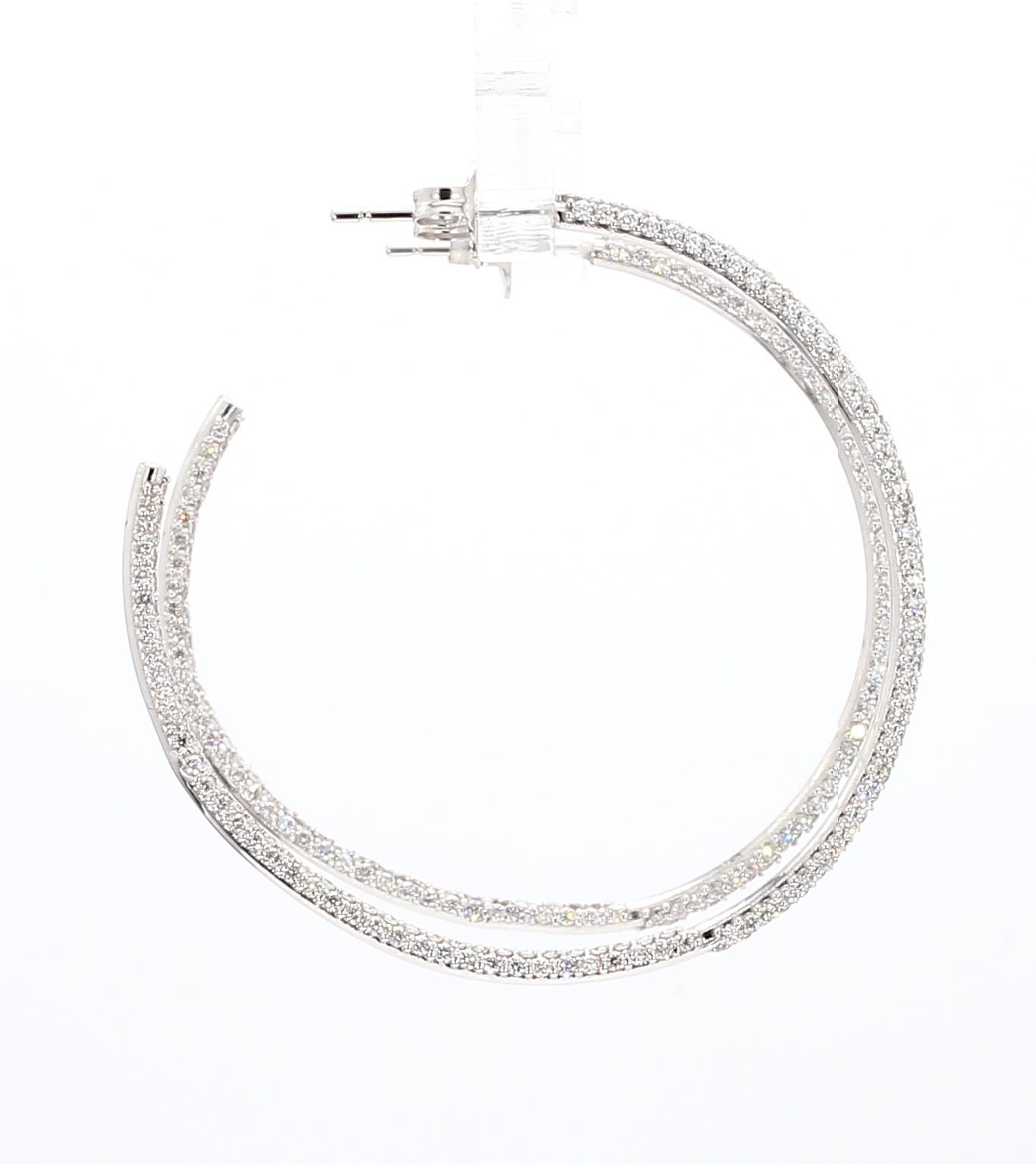 Natural Diamond Hoop Earrings 2.14ctw Inside Out Hoop Earrings Three Row 14K WG For Sale 3
