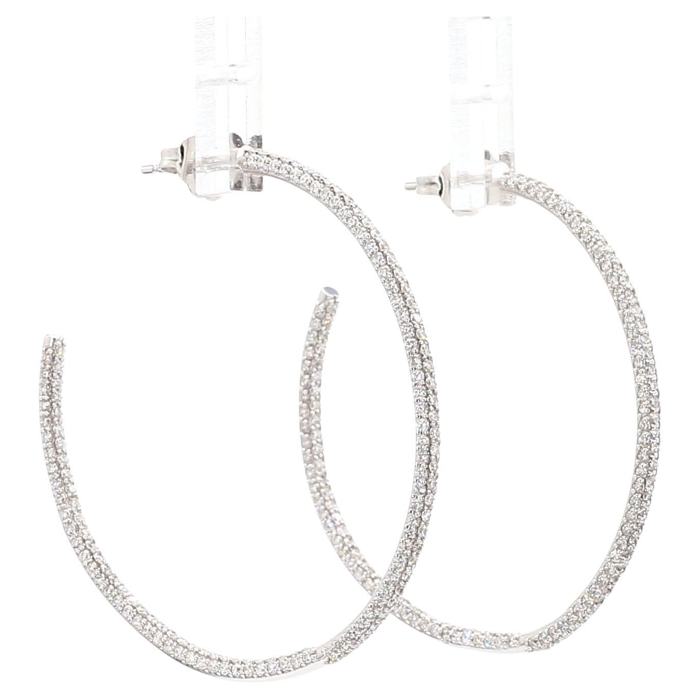 Natural Diamond Hoop Earrings 2.14ctw Inside Out Hoop Earrings Three Row 14K WG For Sale