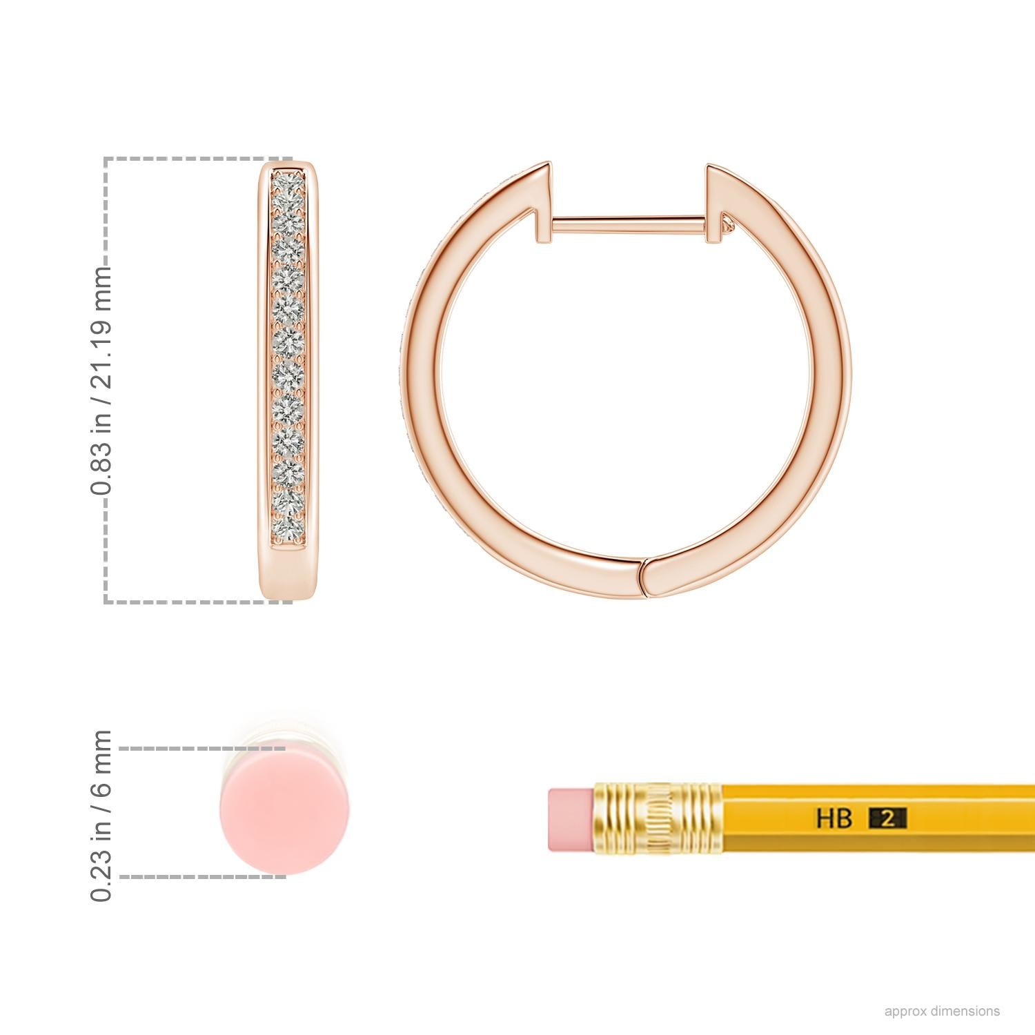 This pair of hoop earrings features a row of twinkling round diamonds on the front, exuding dazzling elegance in pave setting. Crafted in 14k rose gold, these diamond hoop earrings come with hinged clips and hug your earlobes comfortably.
Diamond is