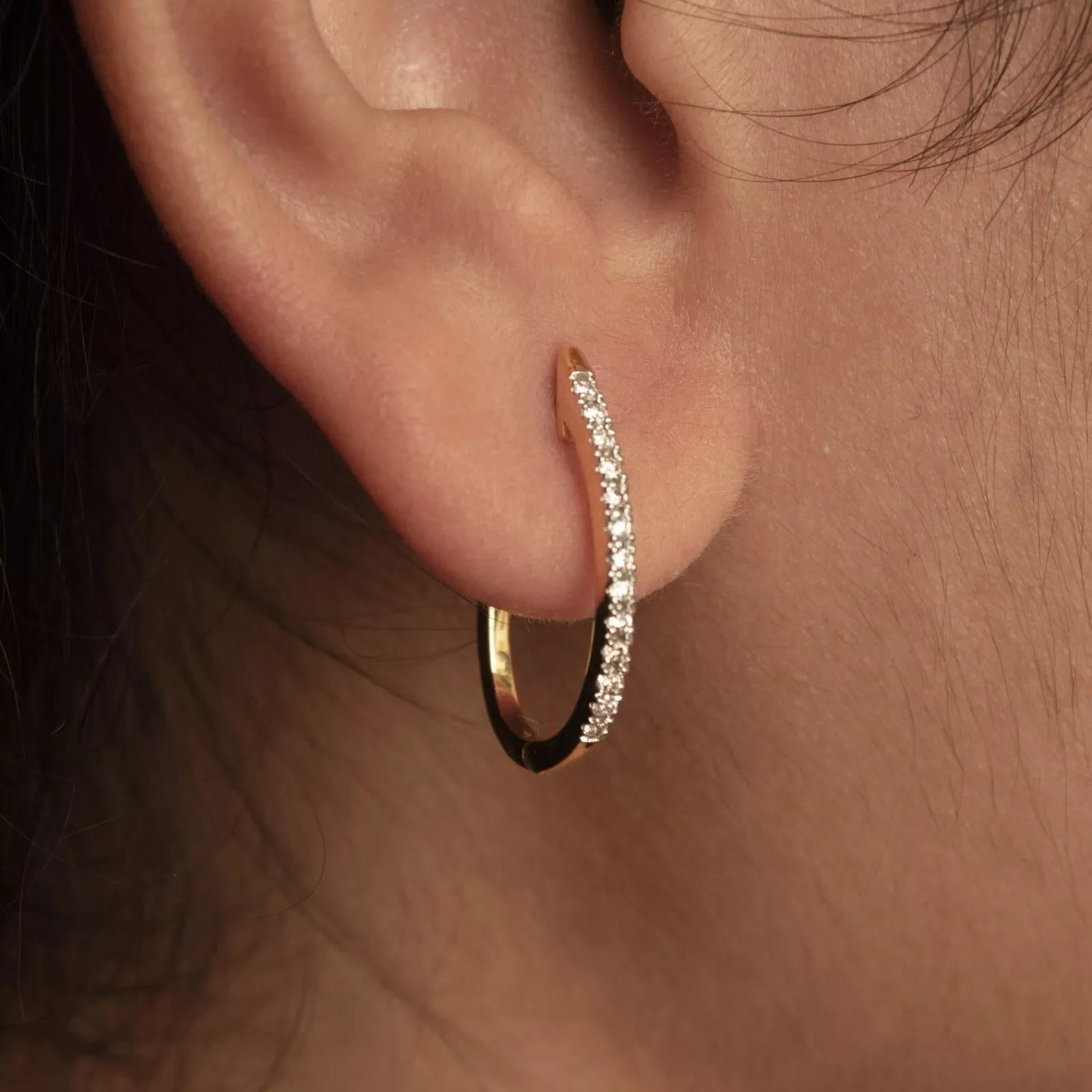 Boucles d'oreilles créoles en or massif 14 carats avec diamants naturels, 1 pièce, prix non paire Neuf - En vente à Chicago, IL