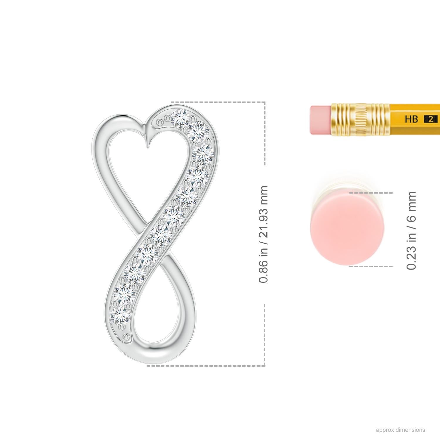 Designed with a hidden bale, this contemporary pendant features a heart frame that extends to form a stunning infinity. Shimmering diamonds partially accentuate the curves of this infinity heart pendant. It is skillfully crafted in patinum.
Diamond