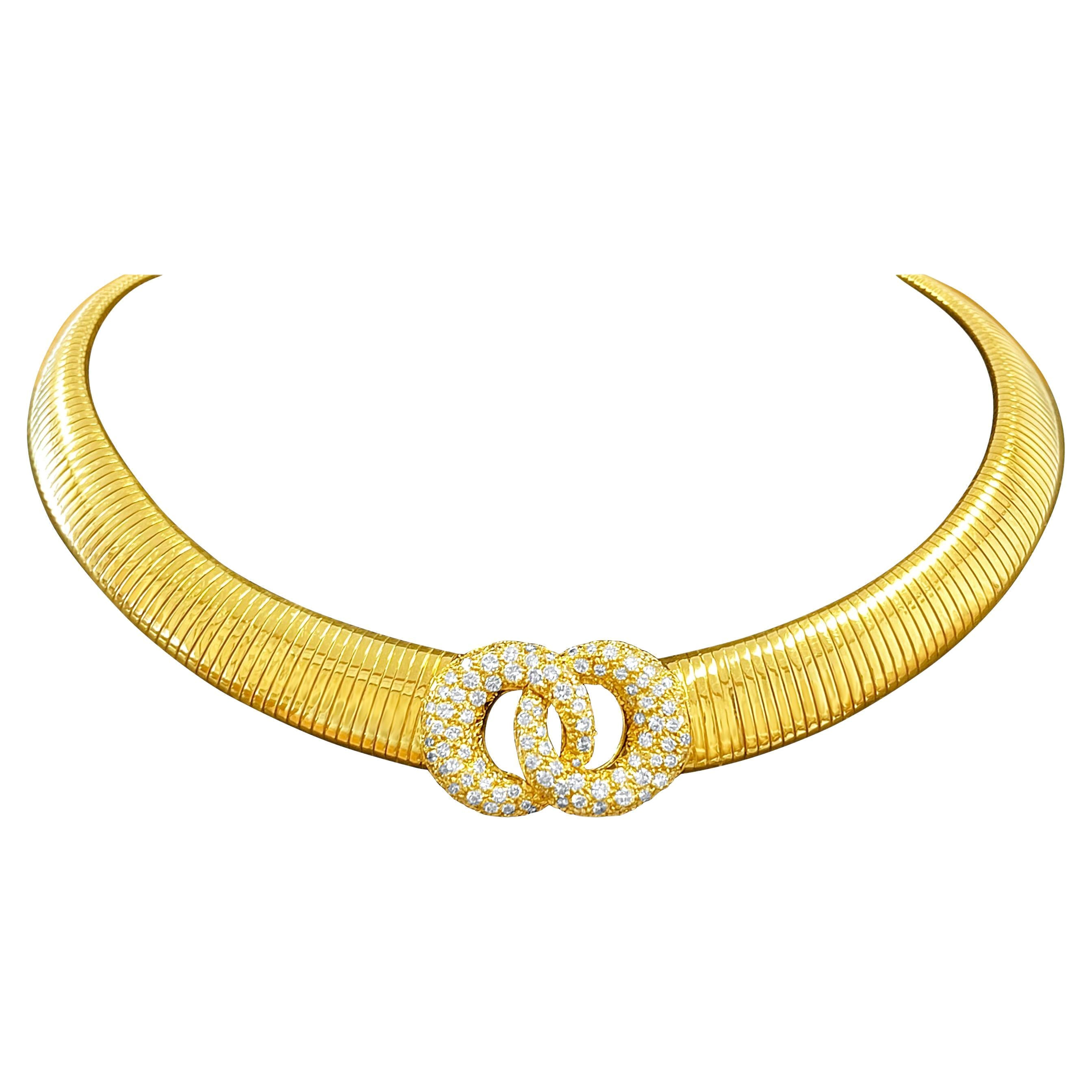 Collier ras du cou souple à double cercle imbriqué en or jaune 18 carats et diamants naturels en vente
