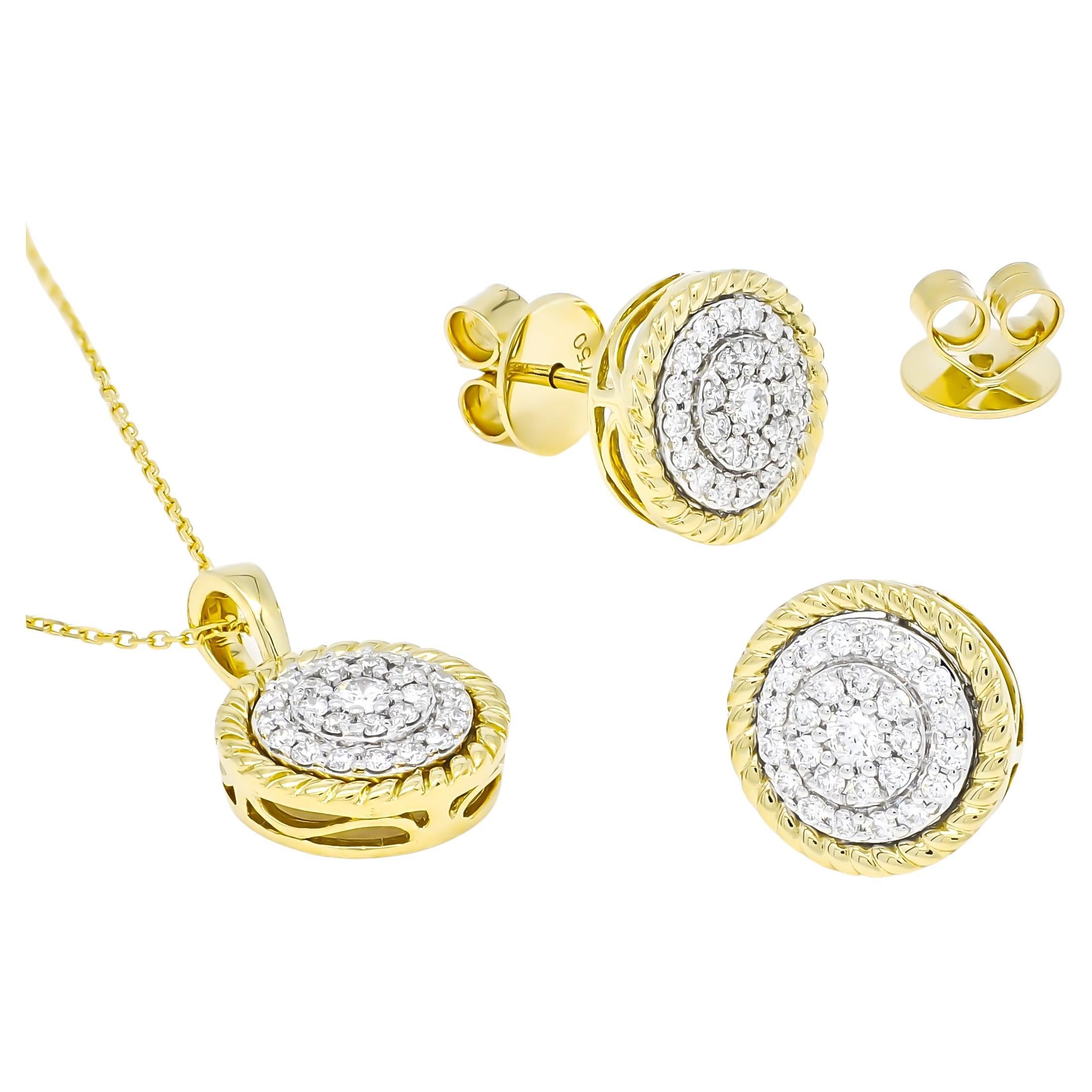 Natural Diamond Jewelry Set, 18 Karat Two Tone Gold Jewelry Earring Pendant Set For Sale