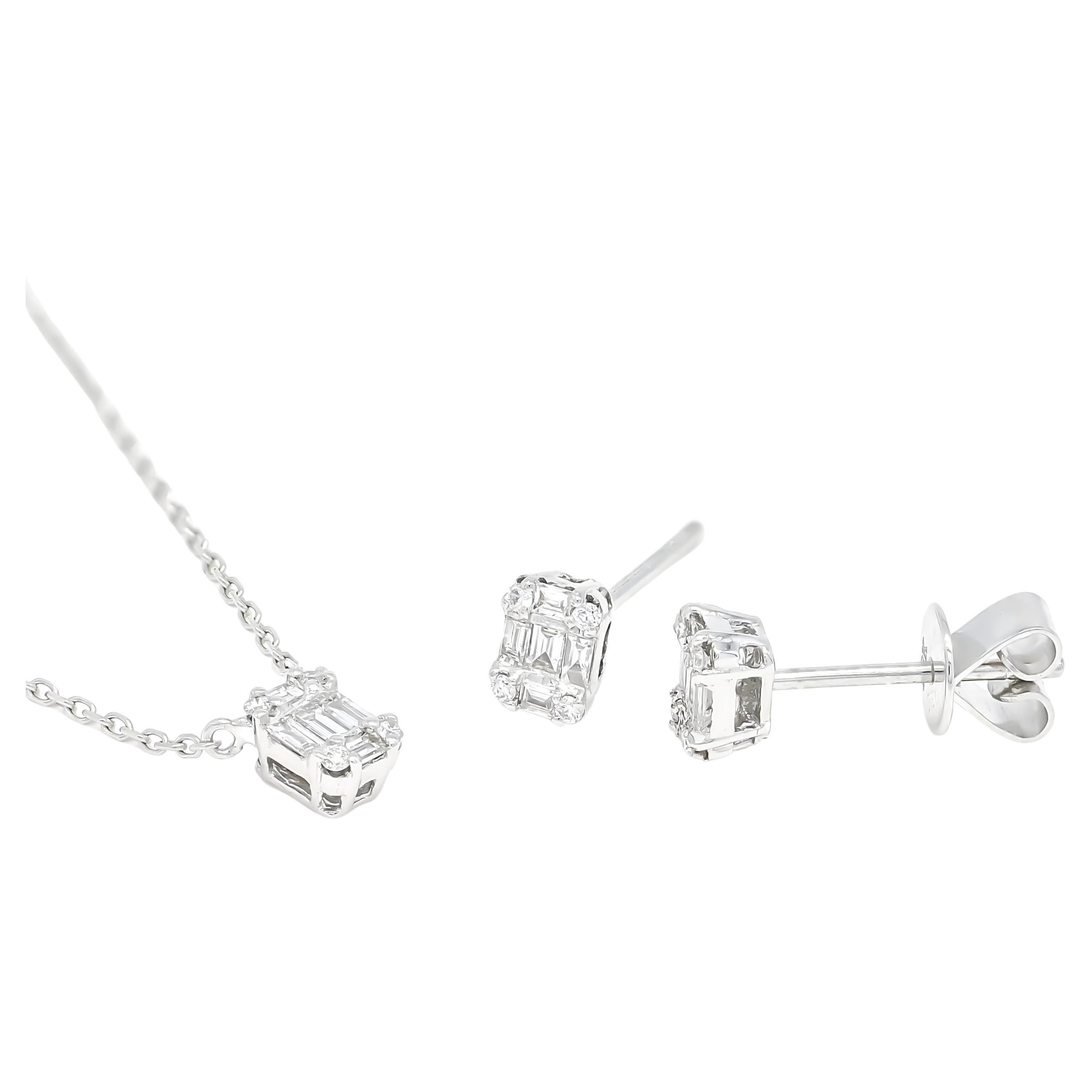 Natural Diamond Jewelry Set, 18KT White Gold Pendant and Earring Set For Sale