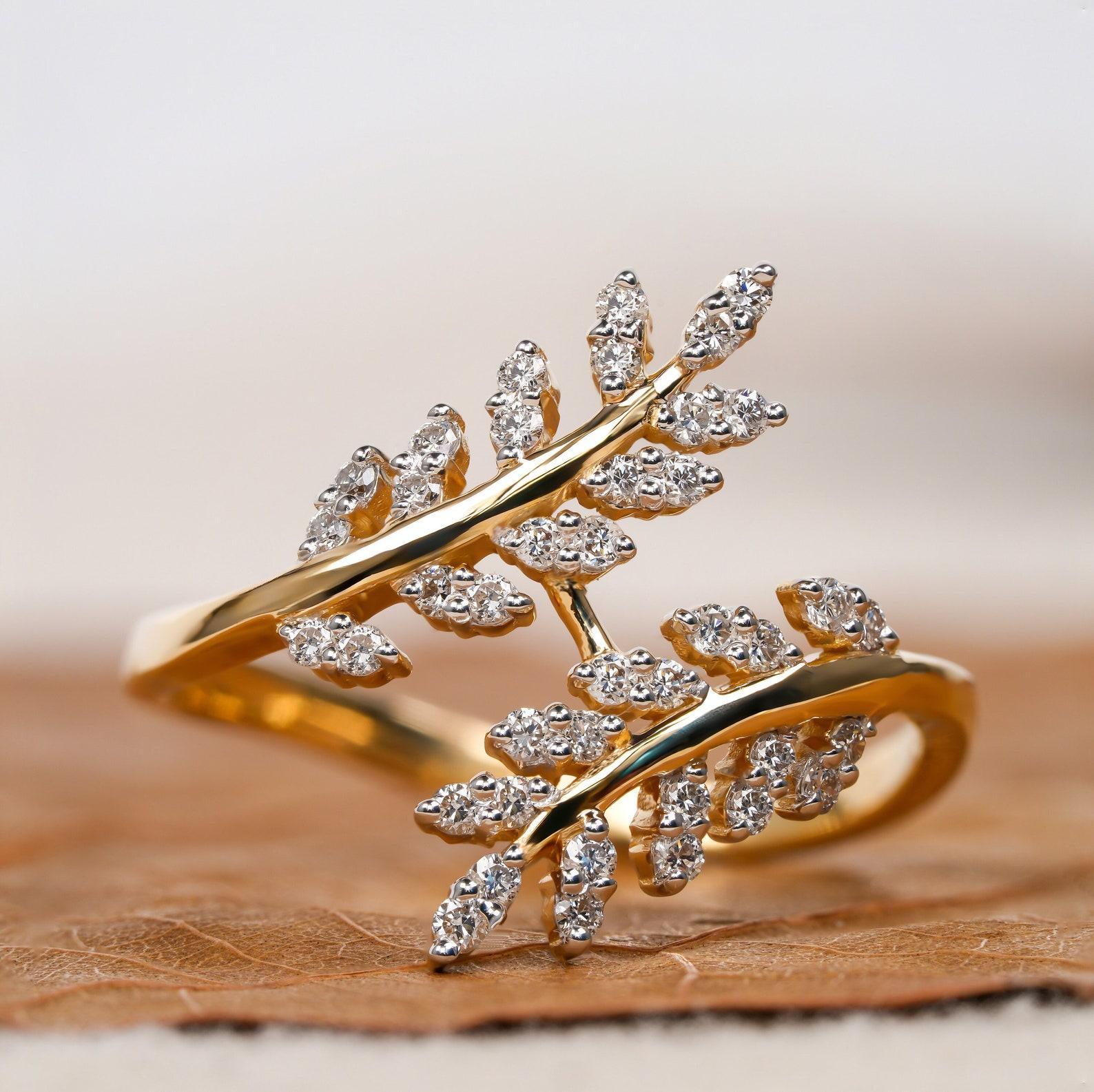 Art Deco Natural Diamond Leaf Ring 14k Gold Olive Branch Engagement Ring Anniversary Gift For Sale