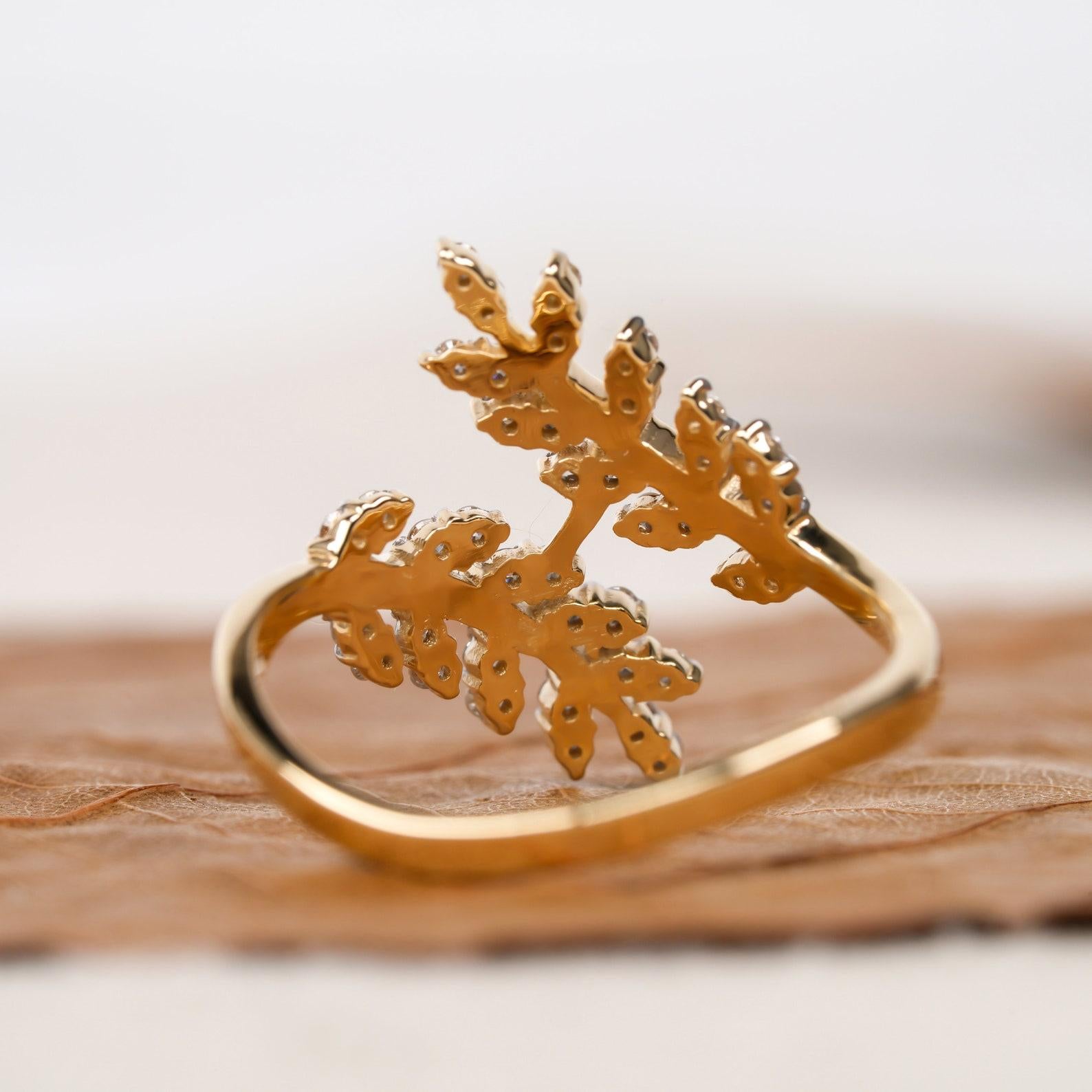 Round Cut Natural Diamond Leaf Ring 14k Gold Olive Branch Engagement Ring Anniversary Gift For Sale