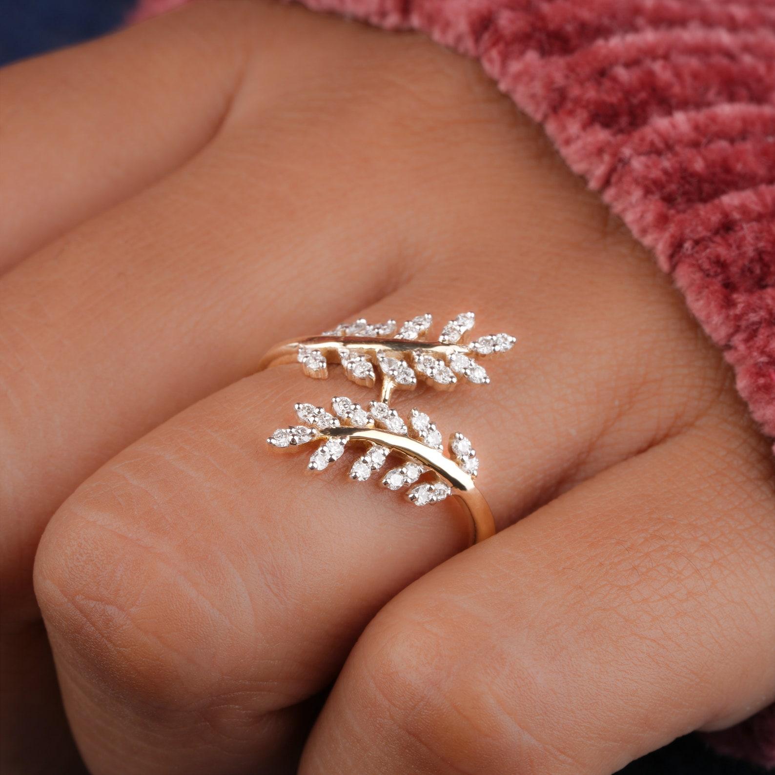 Natural Diamond Leaf Ring 14k Gold Olive Branch Engagement Ring Anniversary Gift For Sale 1