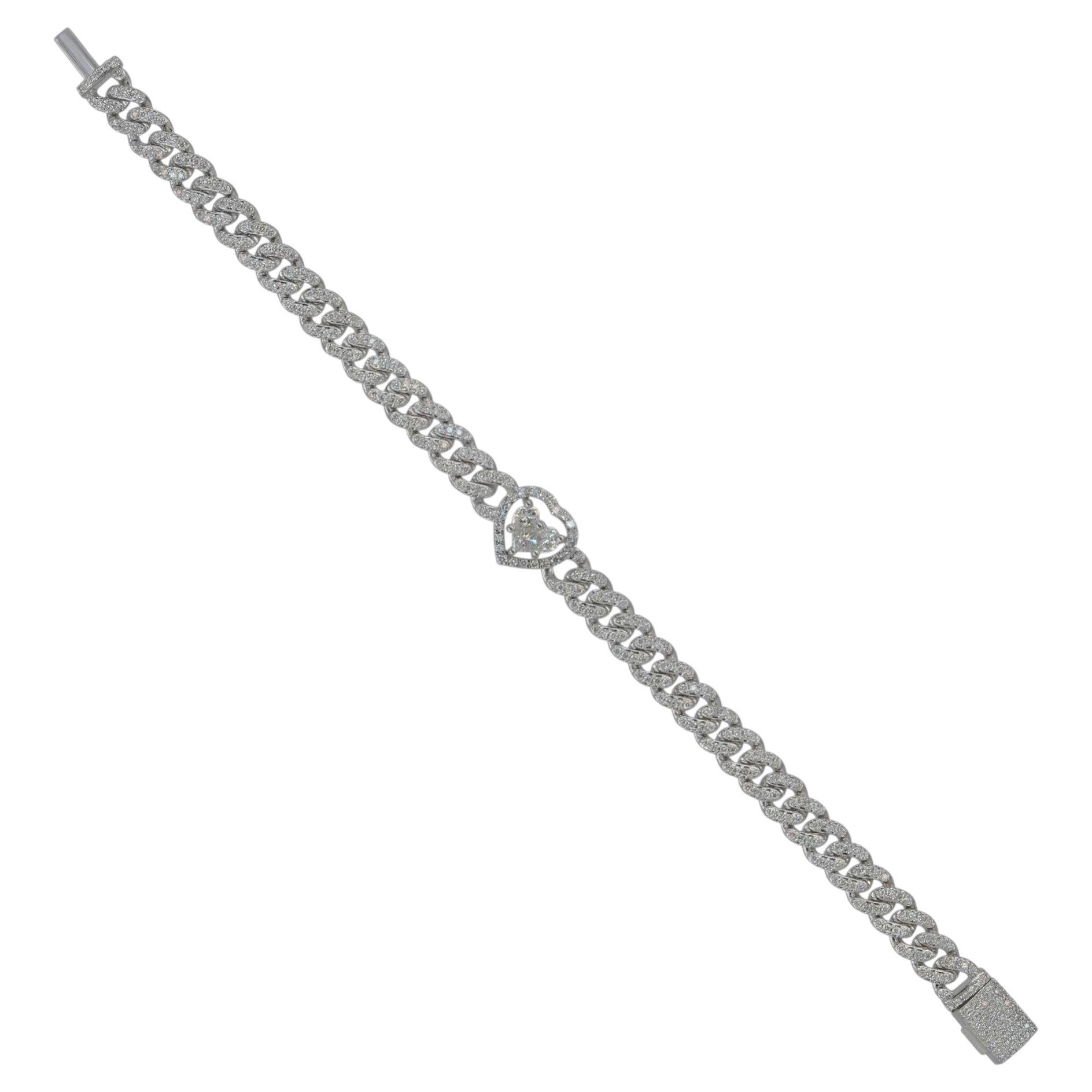 Natural Diamond Link Chain Heart Bracelet 14k White Gold Fine Jewelry