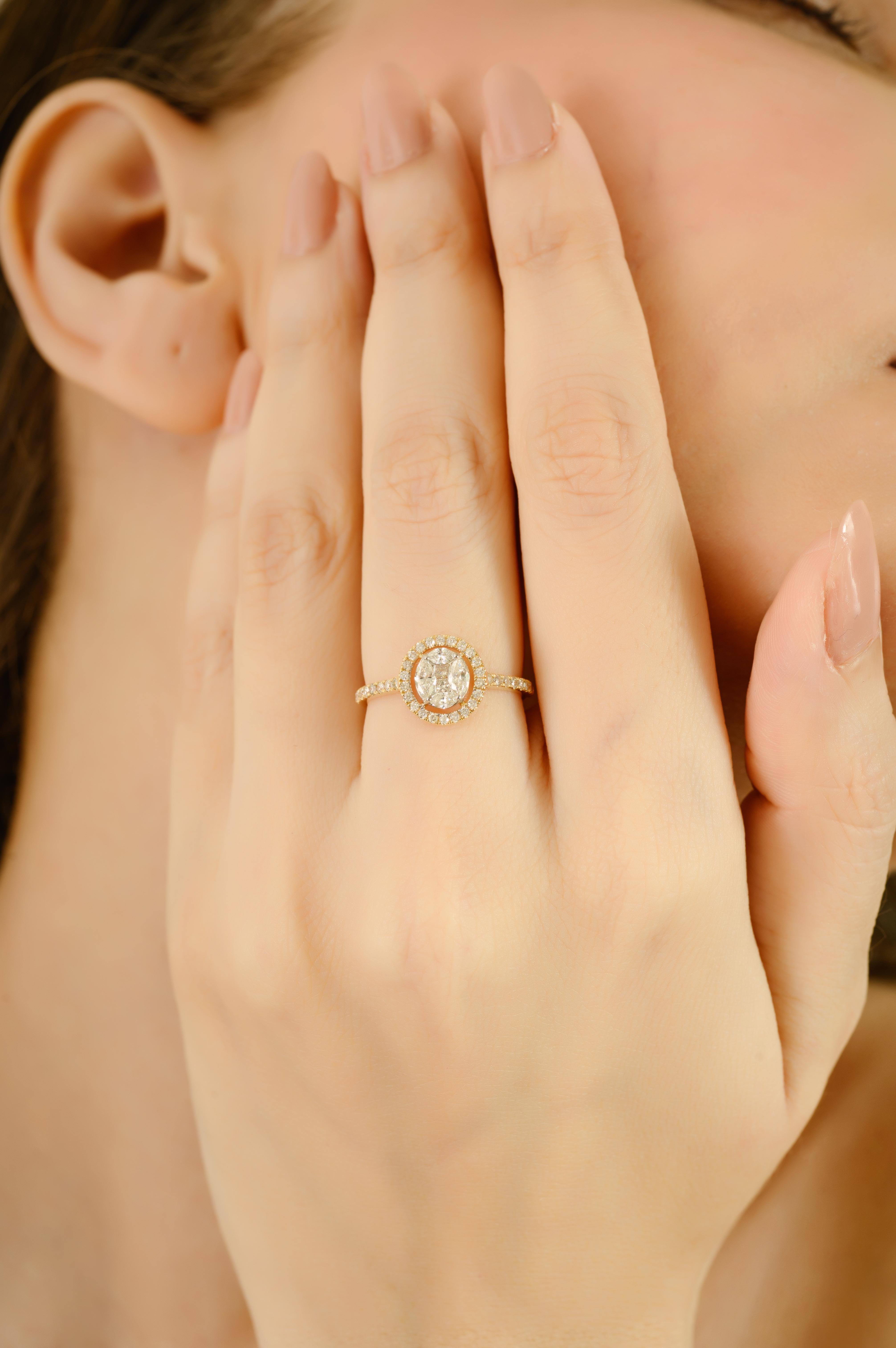 Im Angebot: Naturdiamant Marquise & Rundschliff Halo Verlobungsring in 14K Gelbgold () 2