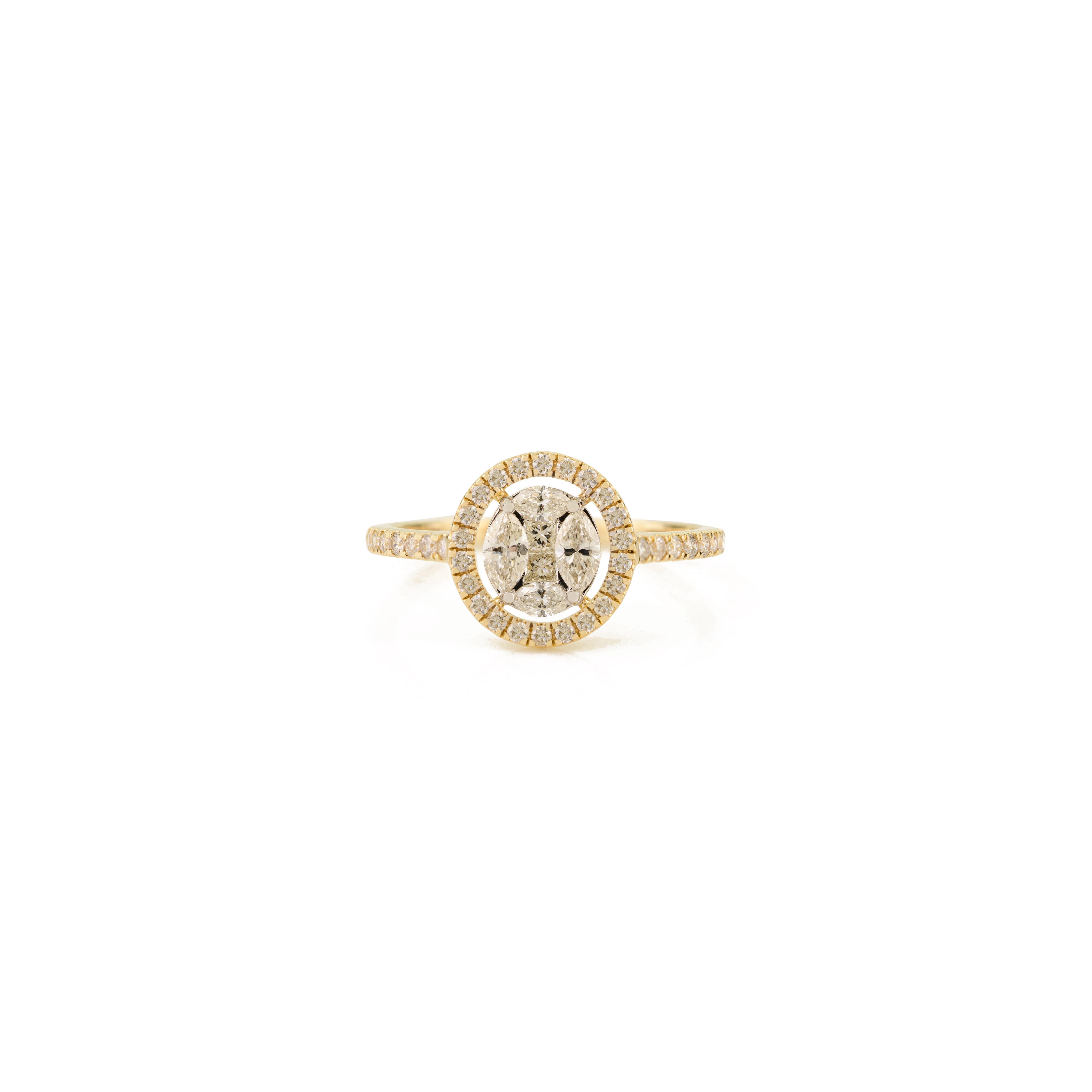 Im Angebot: Naturdiamant Marquise & Rundschliff Halo Verlobungsring in 14K Gelbgold () 3