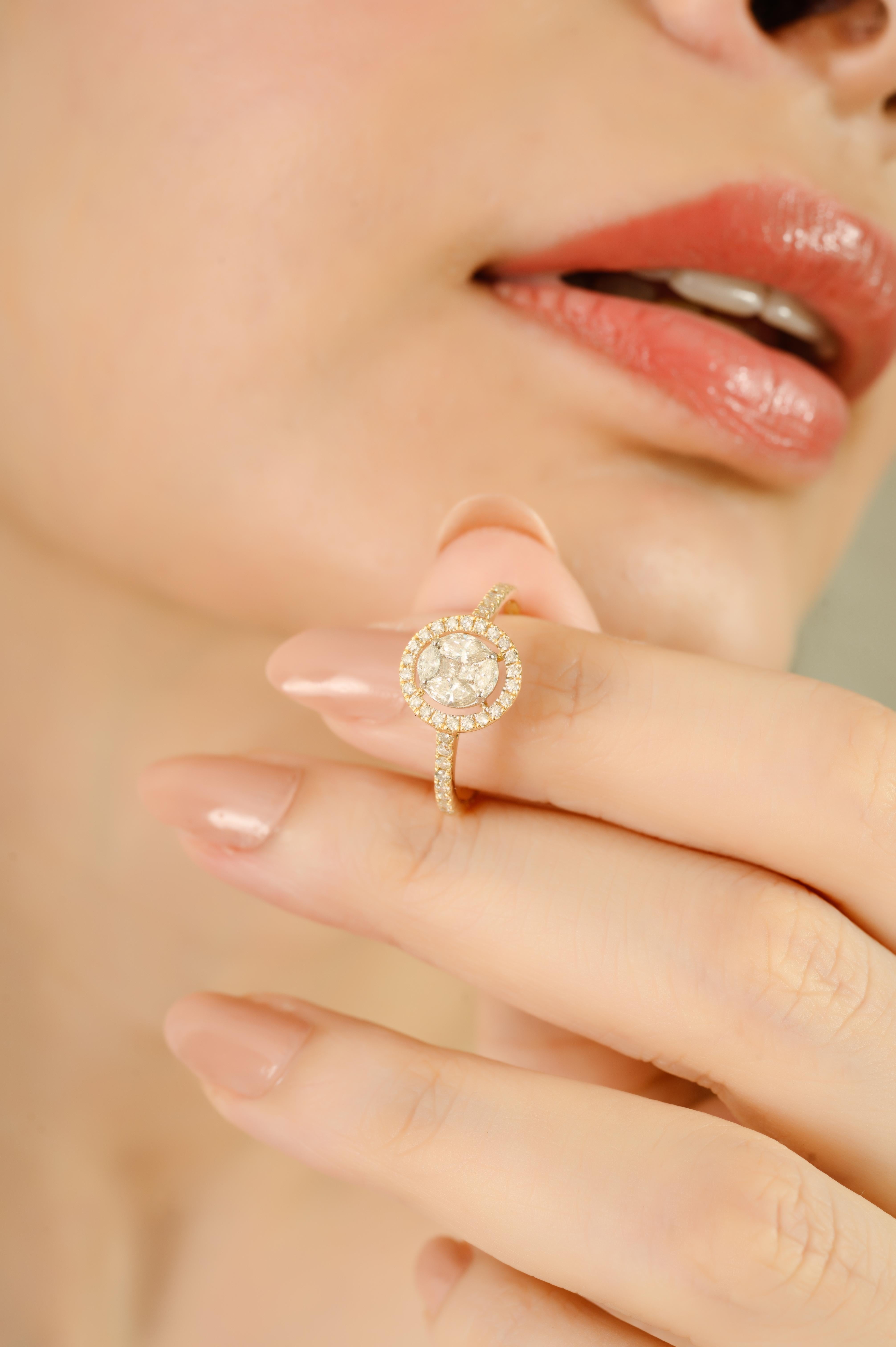 Im Angebot: Naturdiamant Marquise & Rundschliff Halo Verlobungsring in 14K Gelbgold () 4