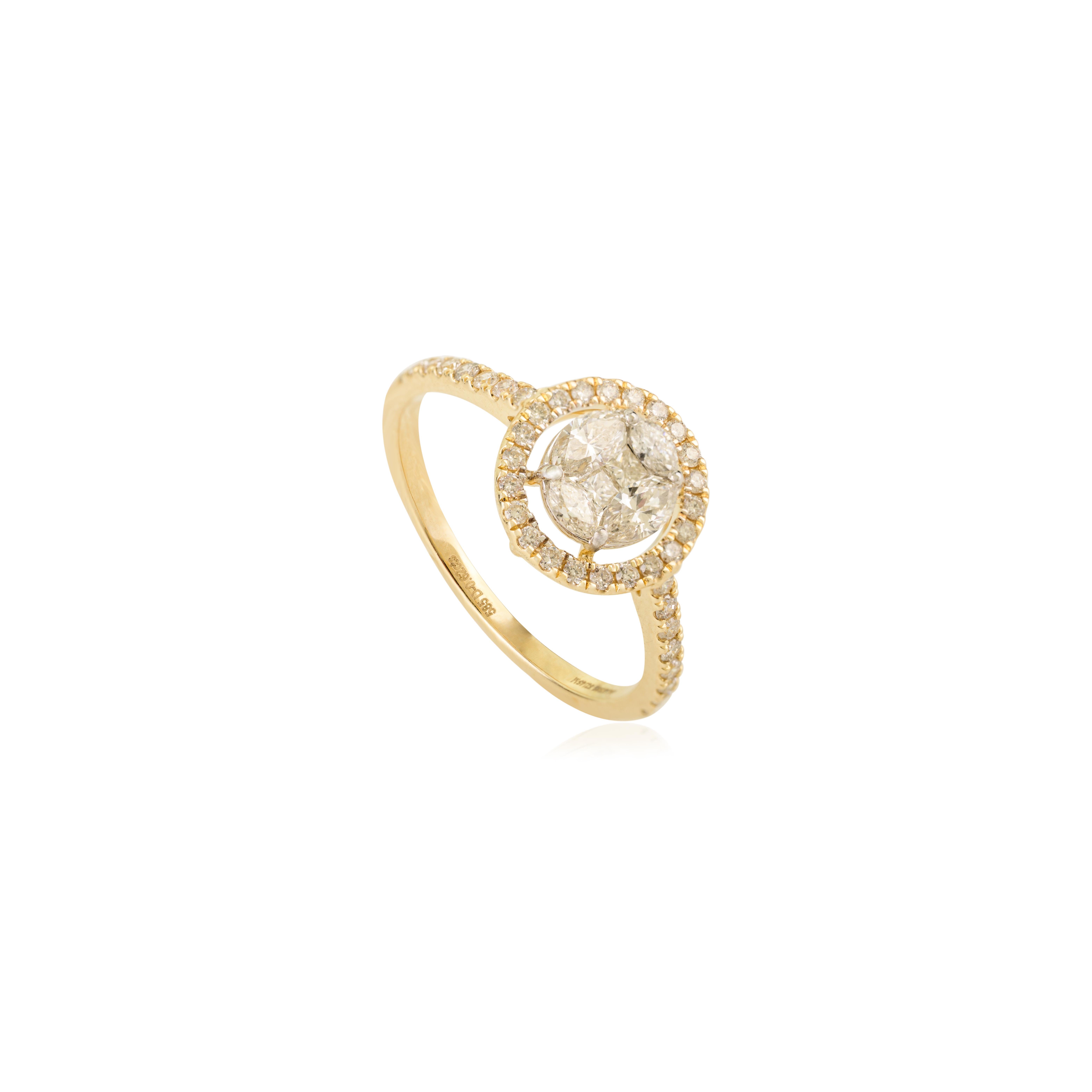 Im Angebot: Naturdiamant Marquise & Rundschliff Halo Verlobungsring in 14K Gelbgold () 7