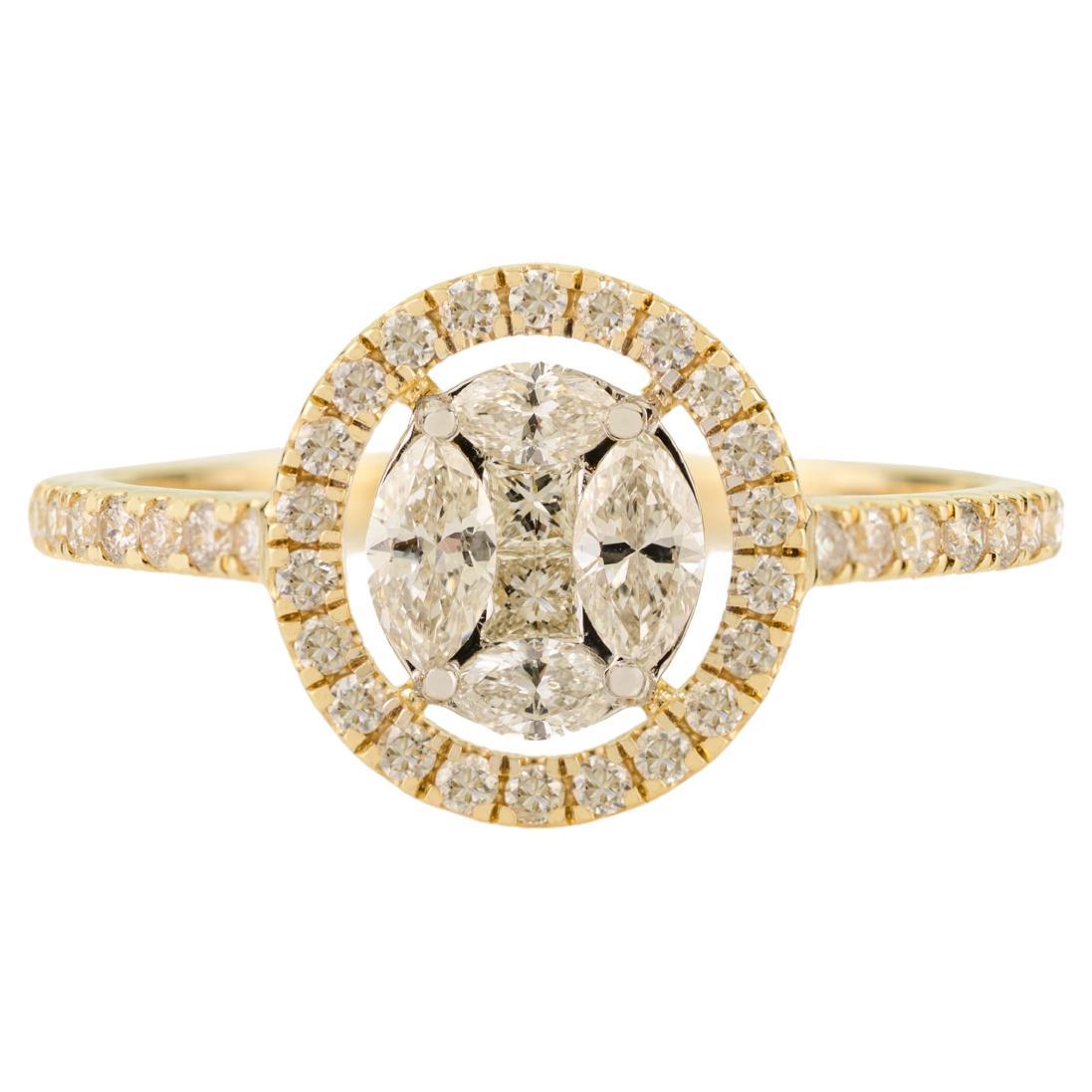 Bague de fiançailles en or jaune 14K avec halo de diamants naturels taillés en marquise et en rond