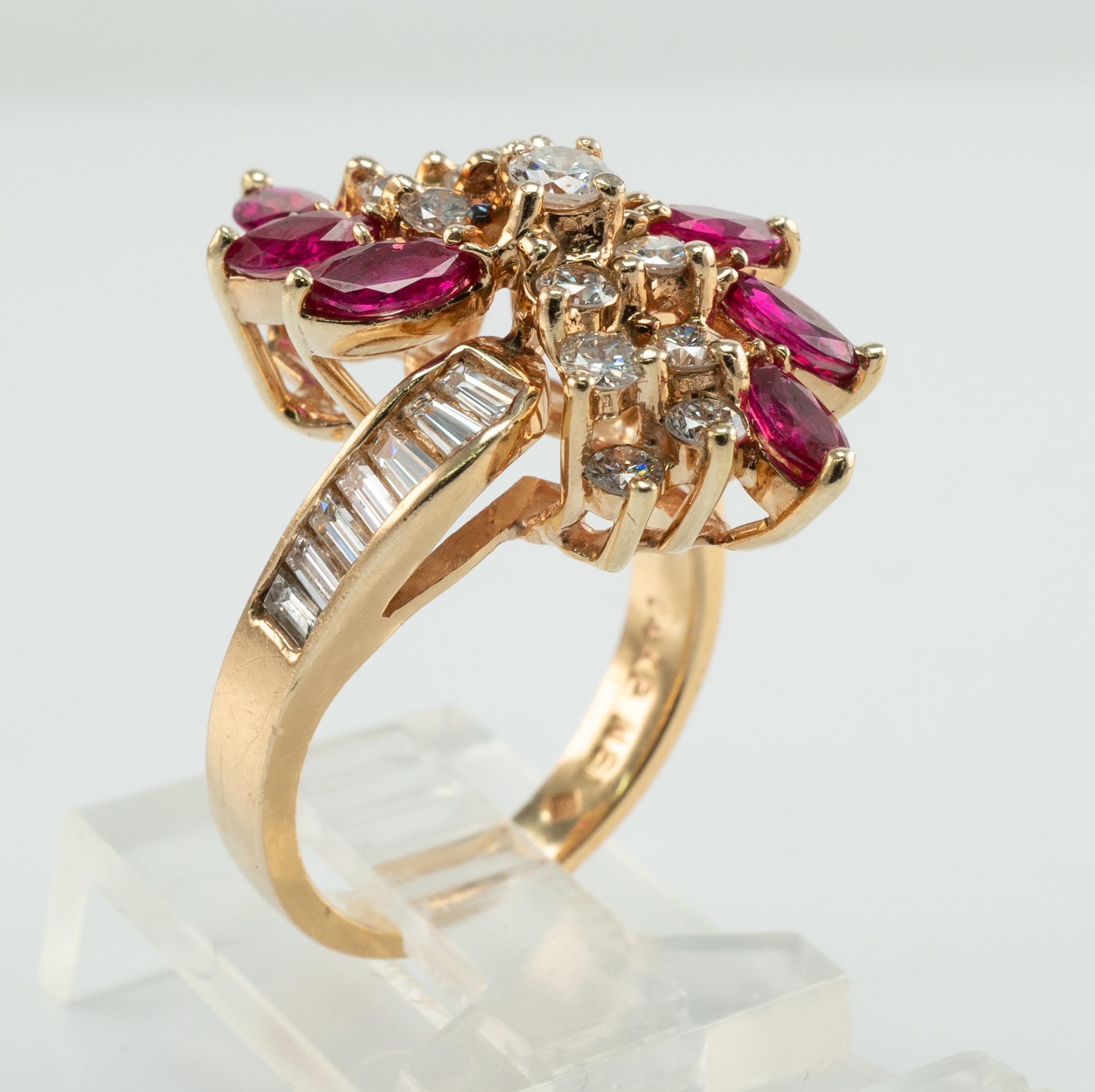 Natural Diamond Marquise Ruby Ring 14K Gold Vintage Cocktail For Sale 5