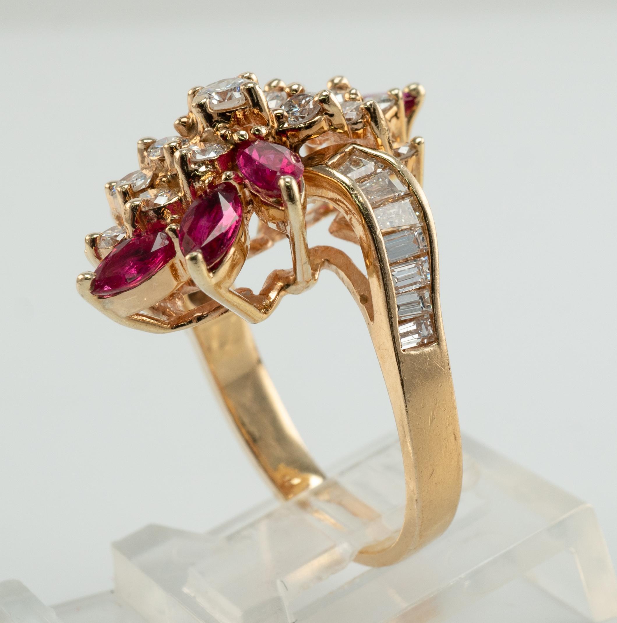 Natural Diamond Marquise Ruby Ring 14K Gold Vintage Cocktail For Sale 6