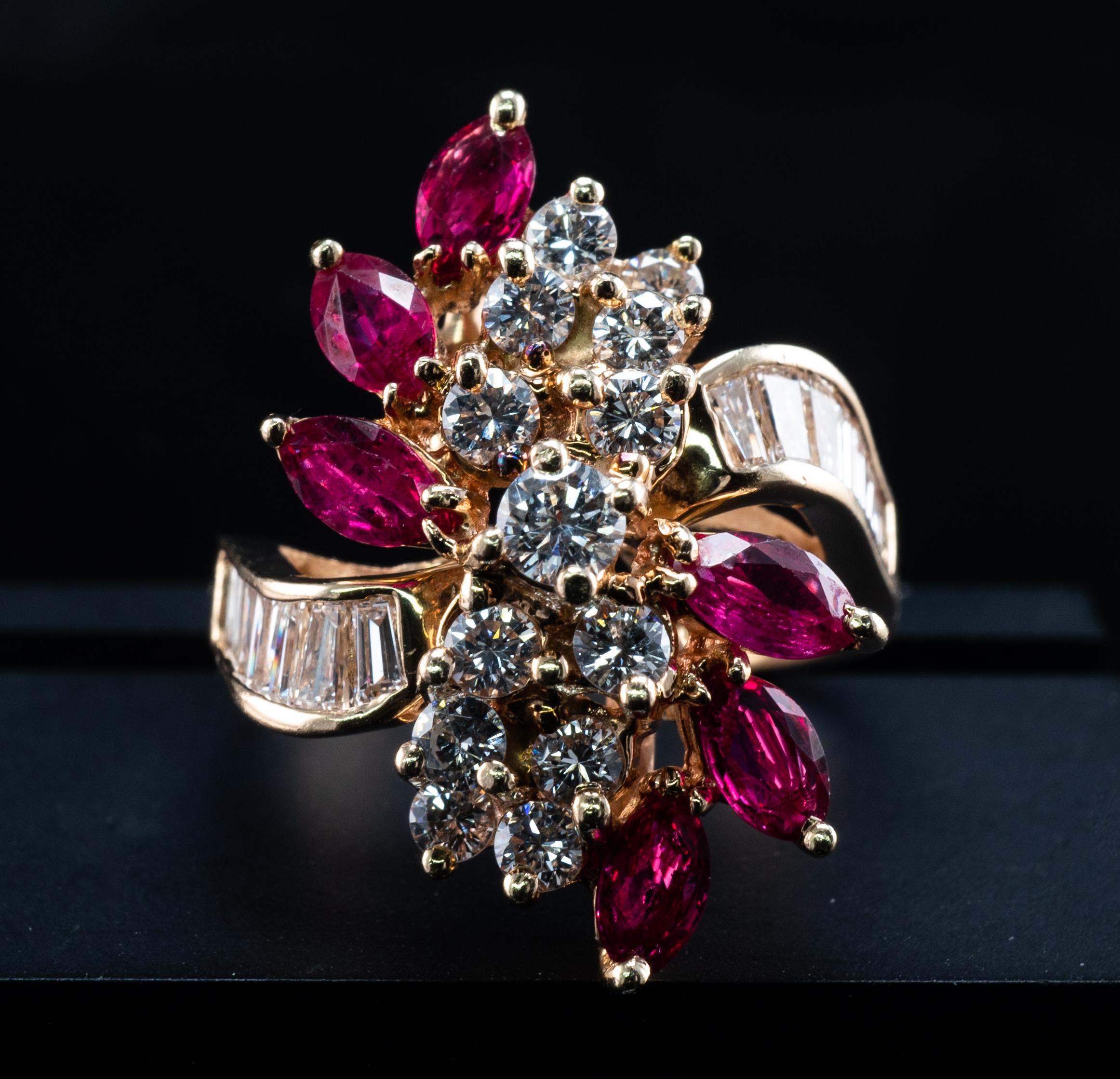 Natural Diamond Marquise Ruby Ring 14K White Gold Vintage Cocktail

This nice vintage ring is finely crafted in solid 14K Yellow Gold. 
The ring is set with natural marquise cut Rubies, round brilliant cut diamonds and channel diamonds.
The Rubies