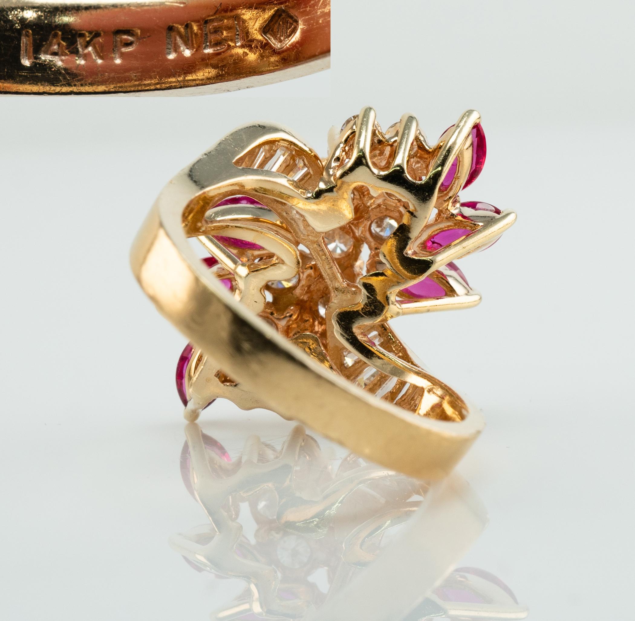 natrlicher Diamant-Marquise-Rubin-Ring 14K Gold Vintage im Zustand „Gut“ im Angebot in East Brunswick, NJ