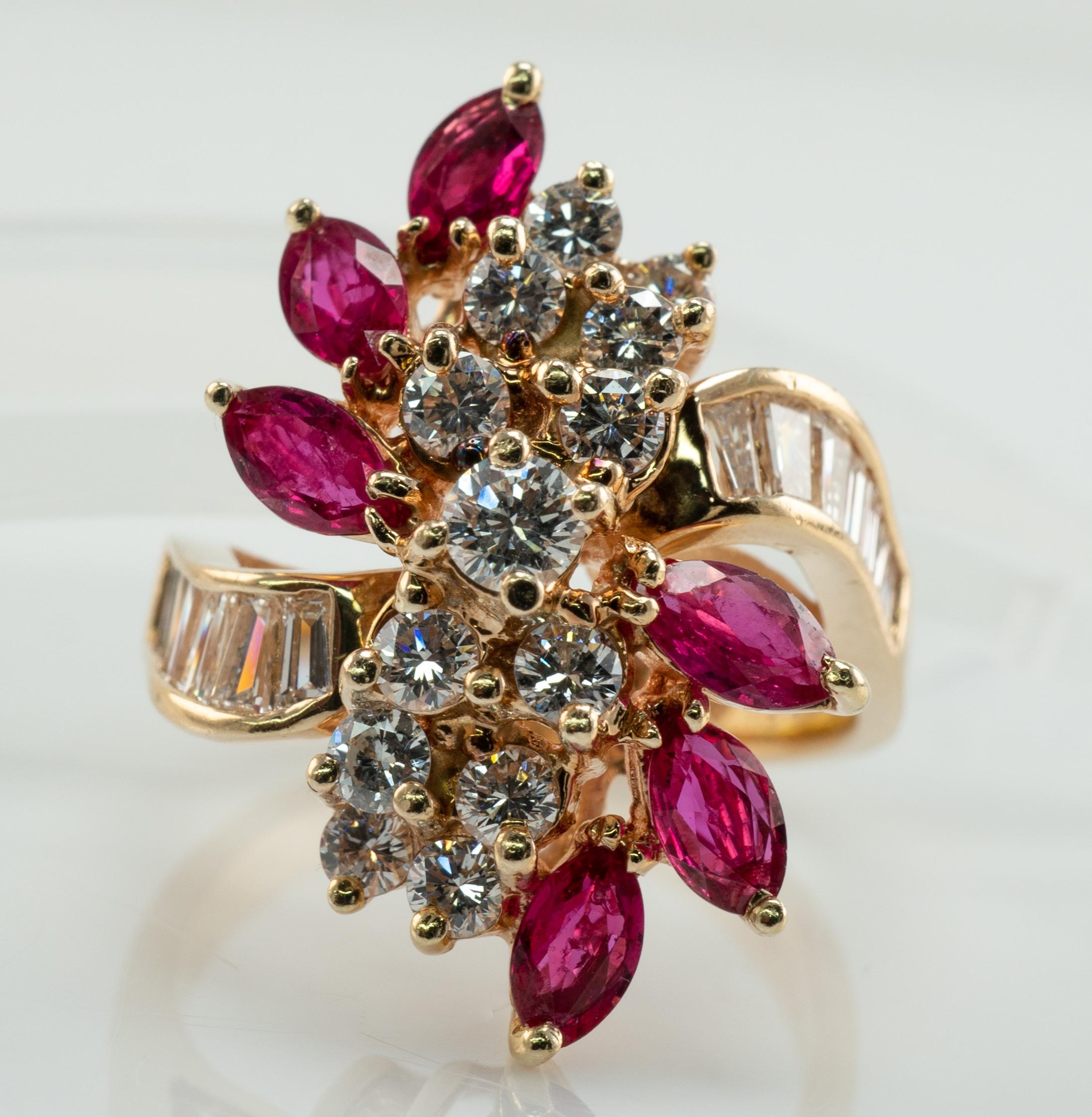 Women's Natural Diamond Marquise Ruby Ring 14K Gold Vintage Cocktail For Sale