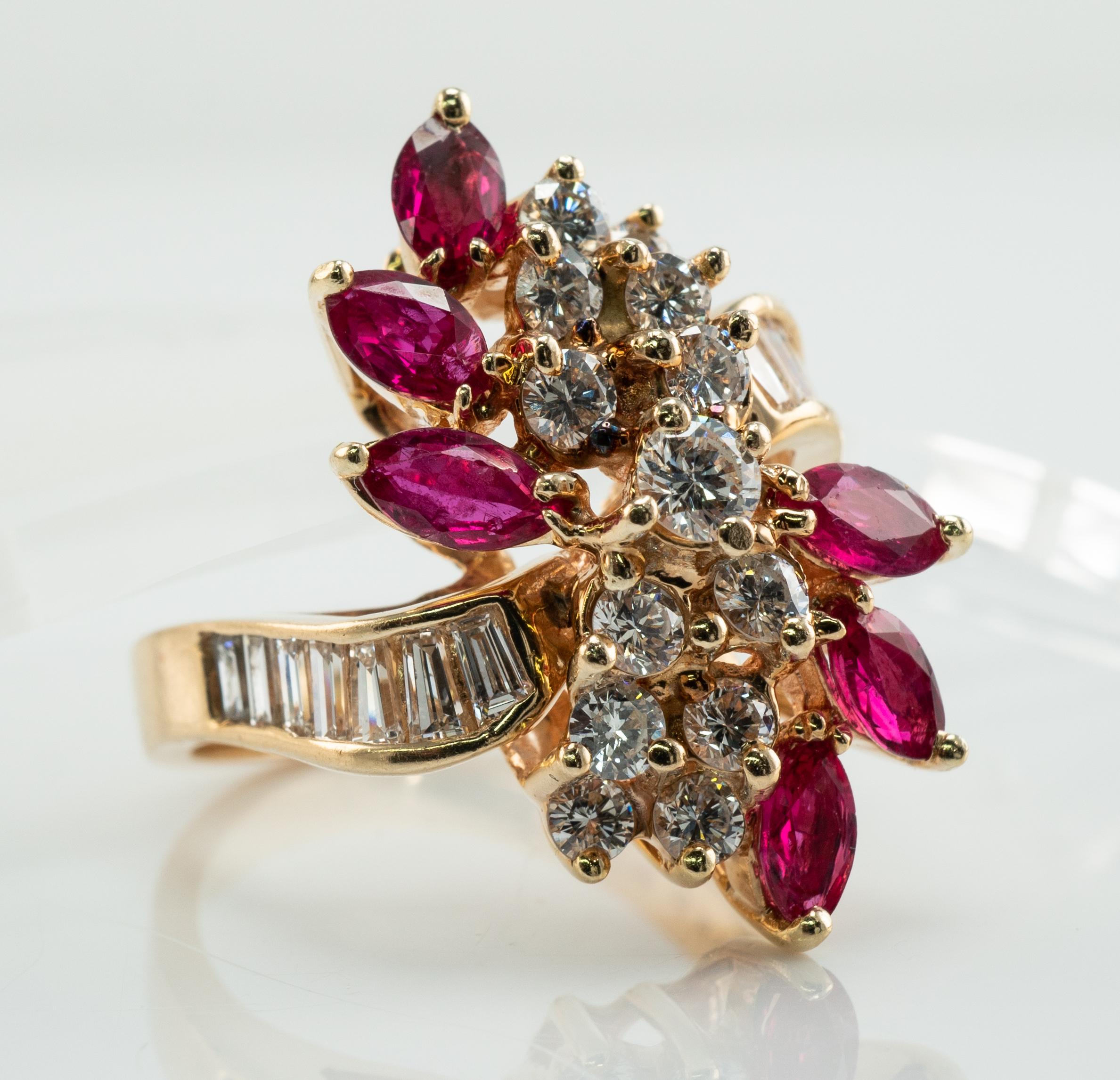 Natural Diamond Marquise Ruby Ring 14K Gold Vintage Cocktail For Sale 1