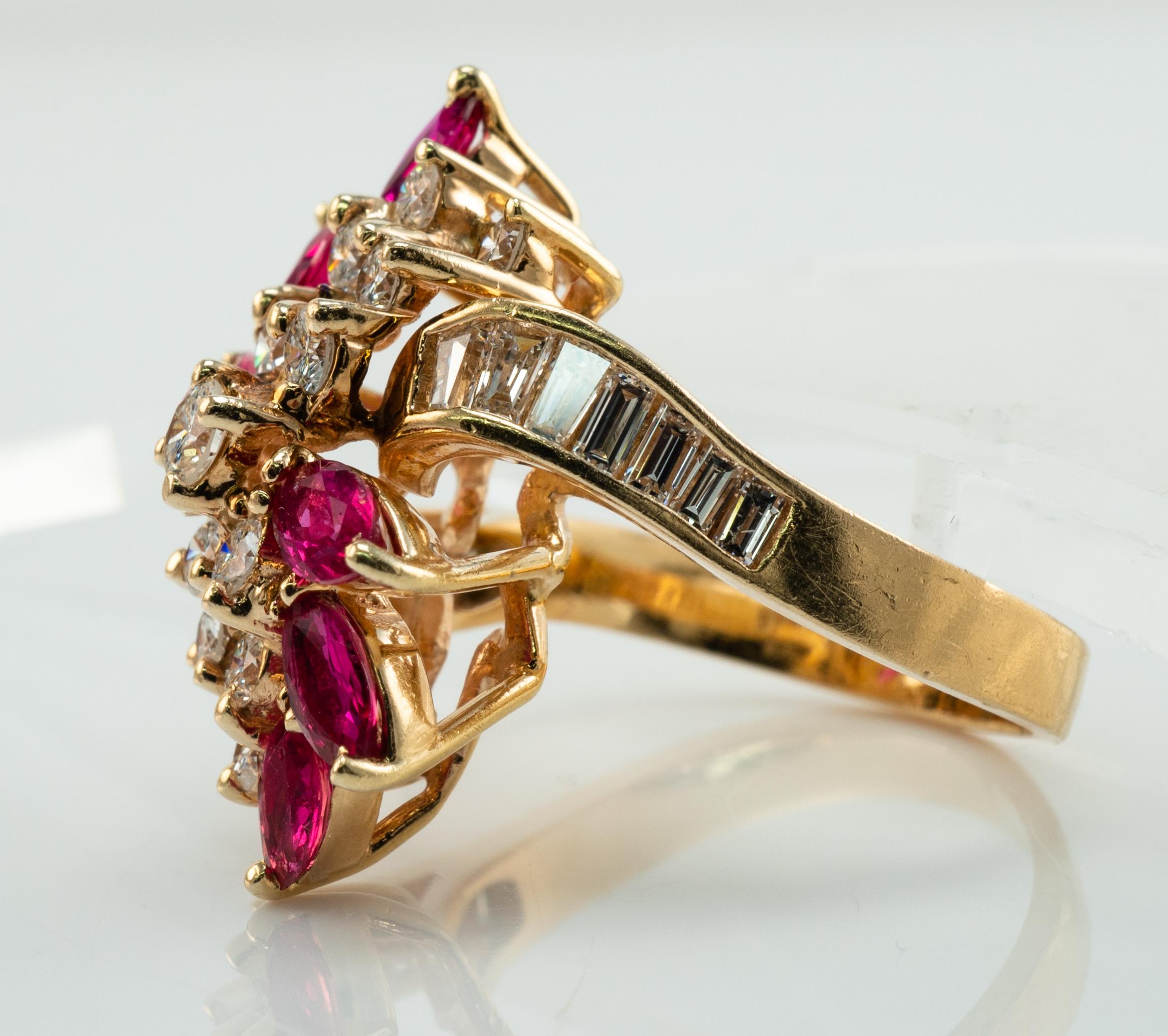 Natural Diamond Marquise Ruby Ring 14K Gold Vintage Cocktail For Sale 2