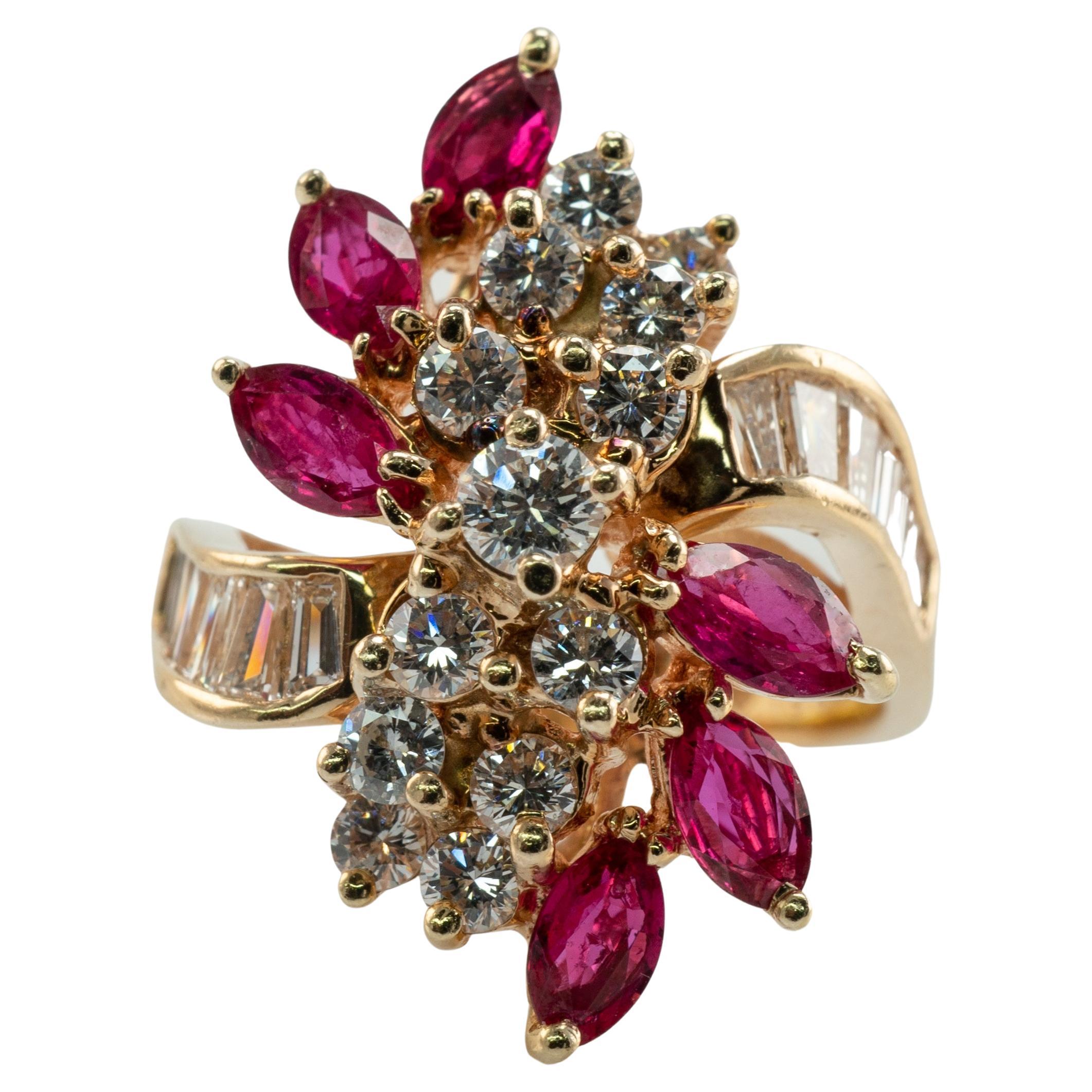 Natural Diamond Marquise Ruby Ring 14K Gold Vintage Cocktail For Sale