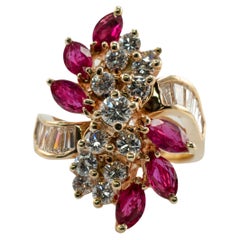 Natural Diamond Marquise Ruby Ring 14K Gold Retro Cocktail