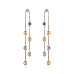 Pendientes en cascada de oro amarillo de 14 quilates con diamantes naturales y múltiples zafiros Joyas