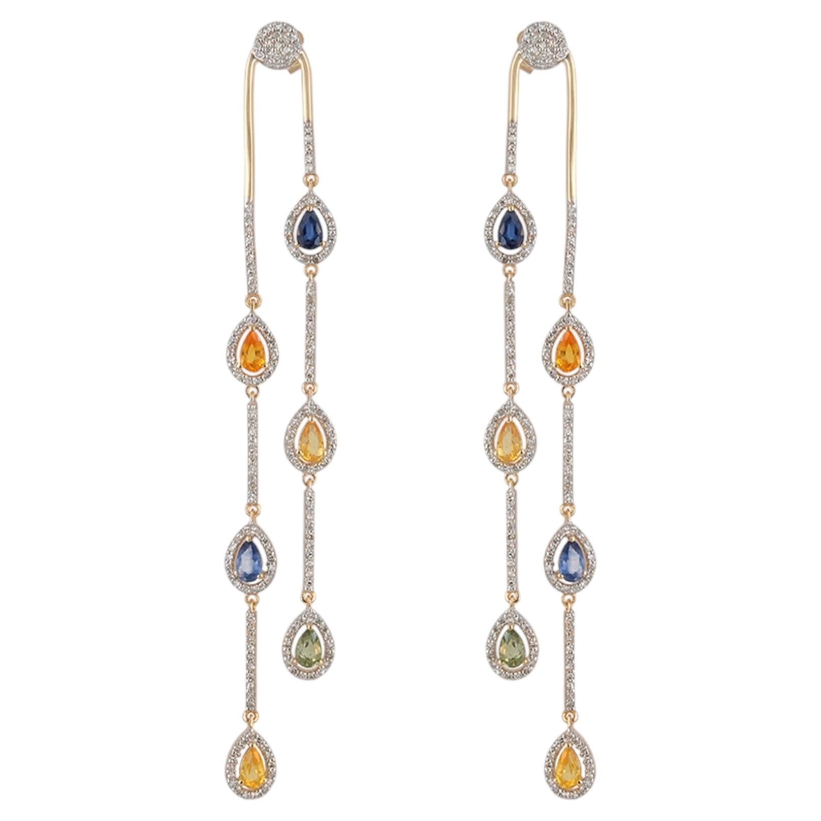 Orecchini a cascata in oro giallo 14kt con diamante naturale e zaffiro multiplo